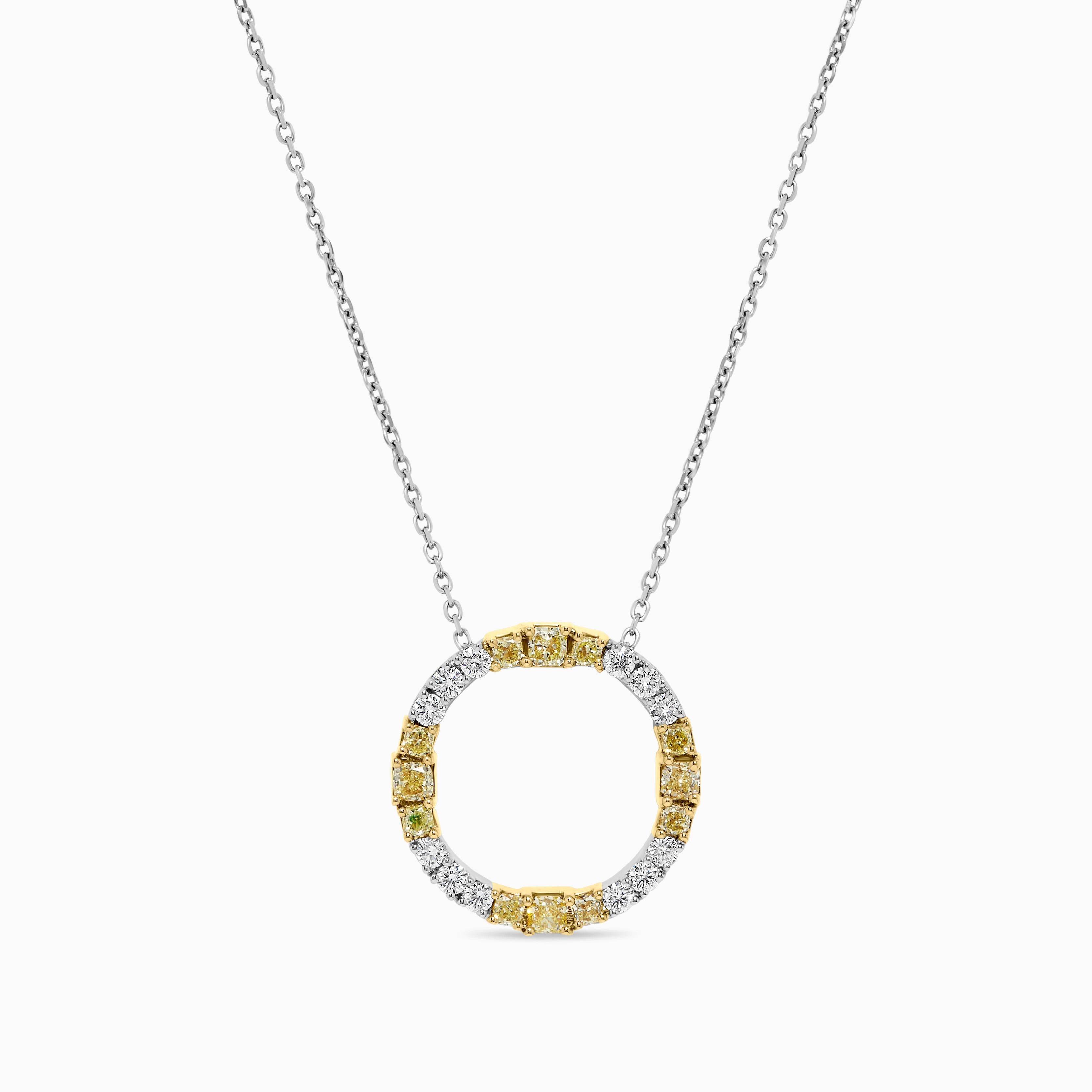 Natural Yellow Radiant and White Diamond 1.59 Carat TW Gold Circle Pendant