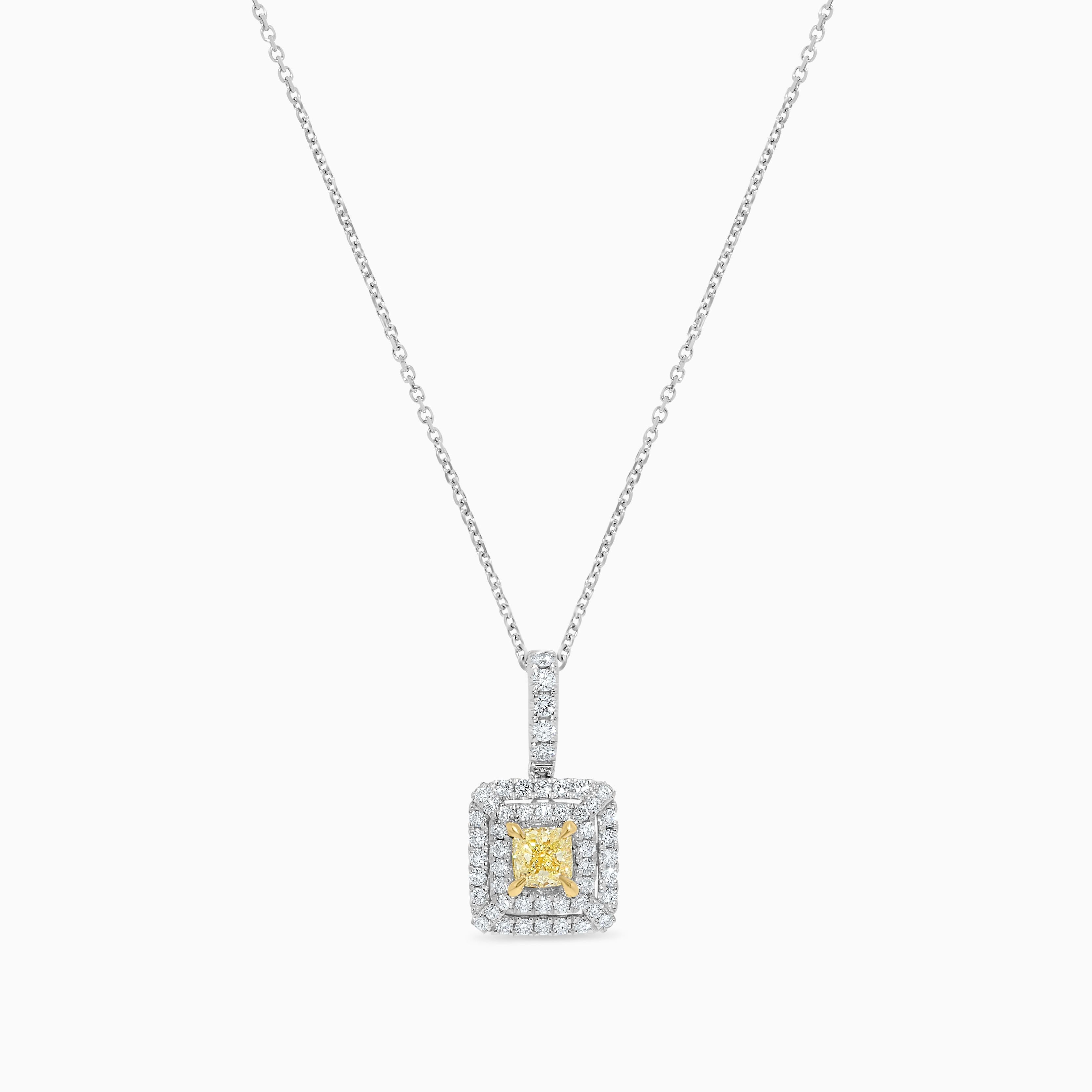 Natural Yellow Cushion and White Diamond .94 Carat TW Gold Drop Pendant