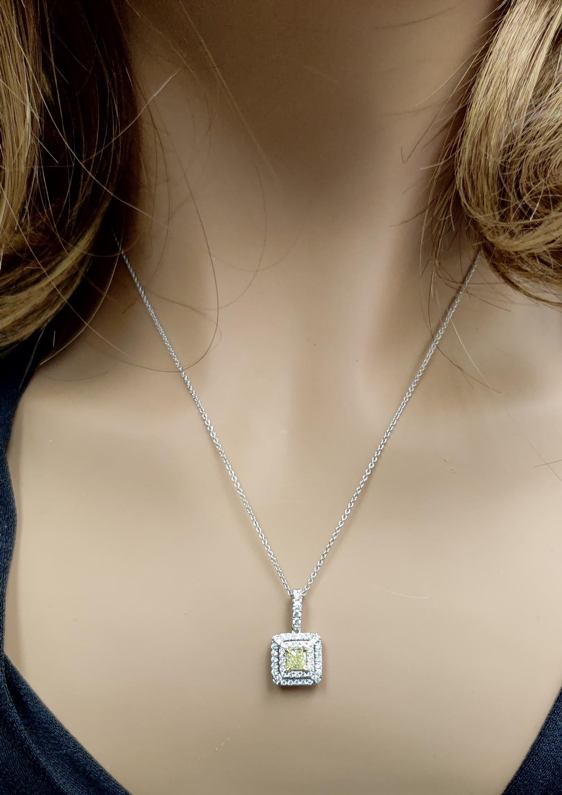 Natural Yellow Cushion and White Diamond .94 Carat TW Gold Drop Pendant