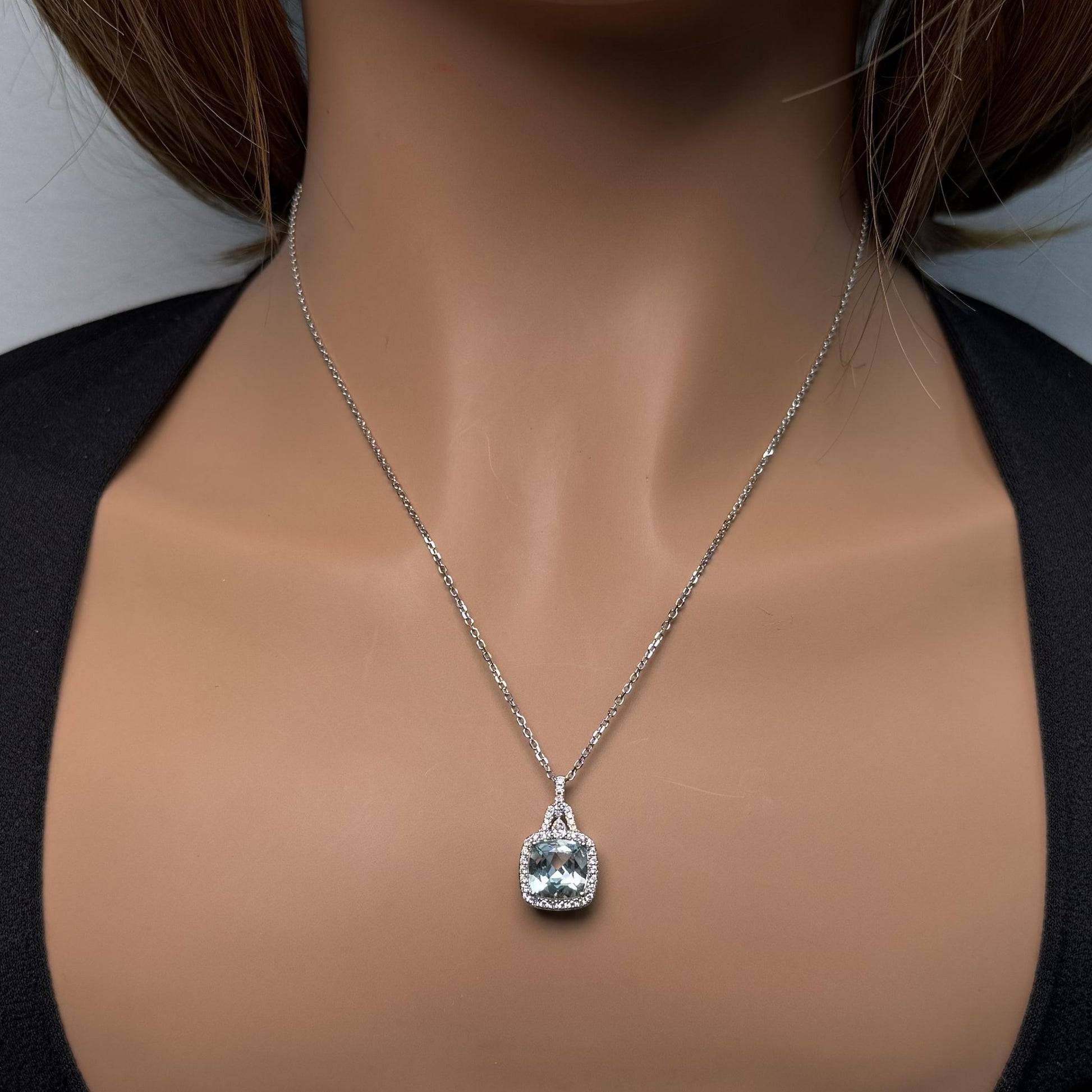 Natural Cushion Aquamarine and White Diamond 2.91 Carat TW Gold Drop Pendant