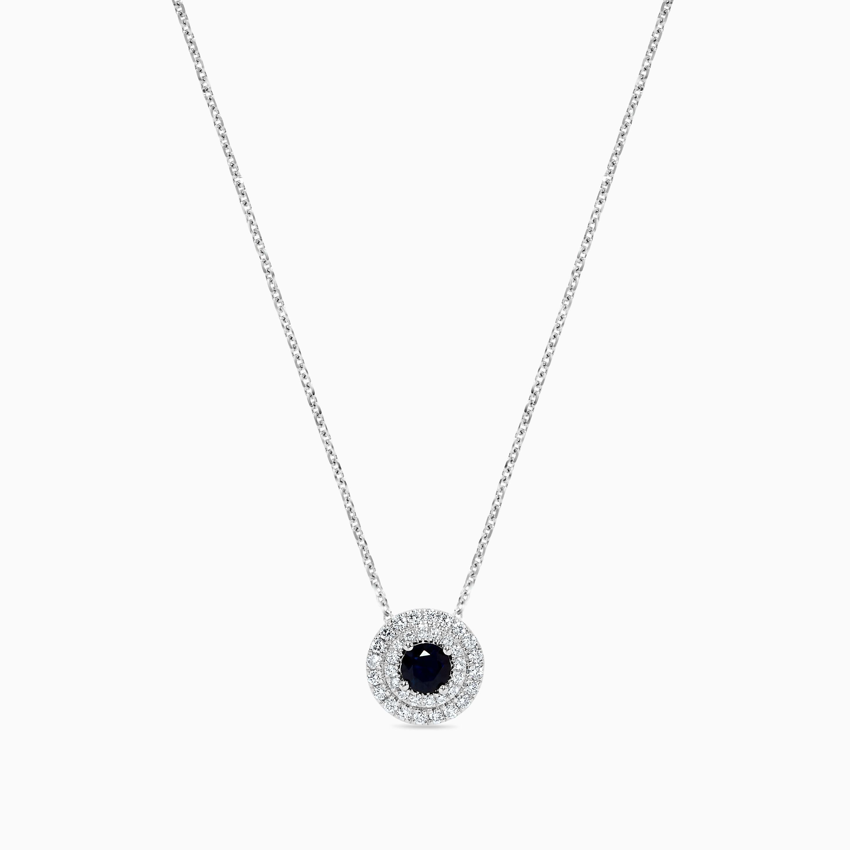 Natural Blue Round Sapphire and White Diamond .52 Carat TW Gold Drop Pendant