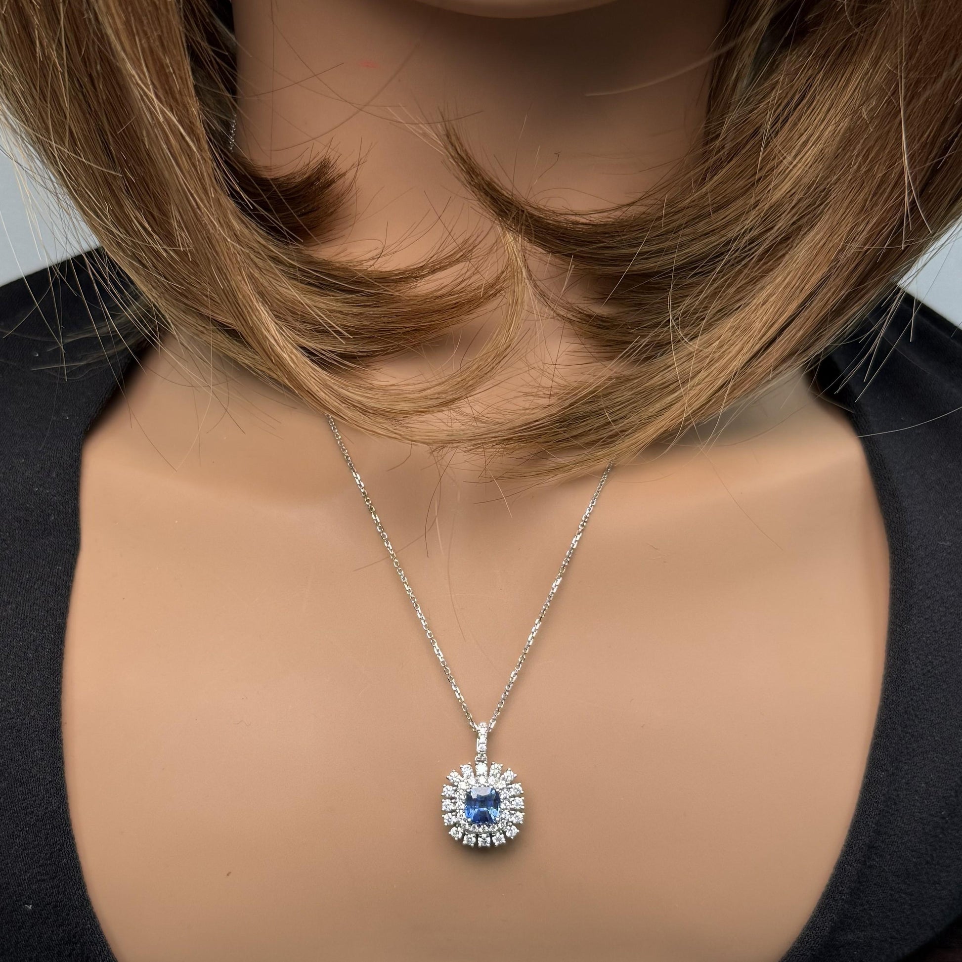 Natural Blue Cushion Sapphire and Diamond 2.33 Carat TW Gold Pendant