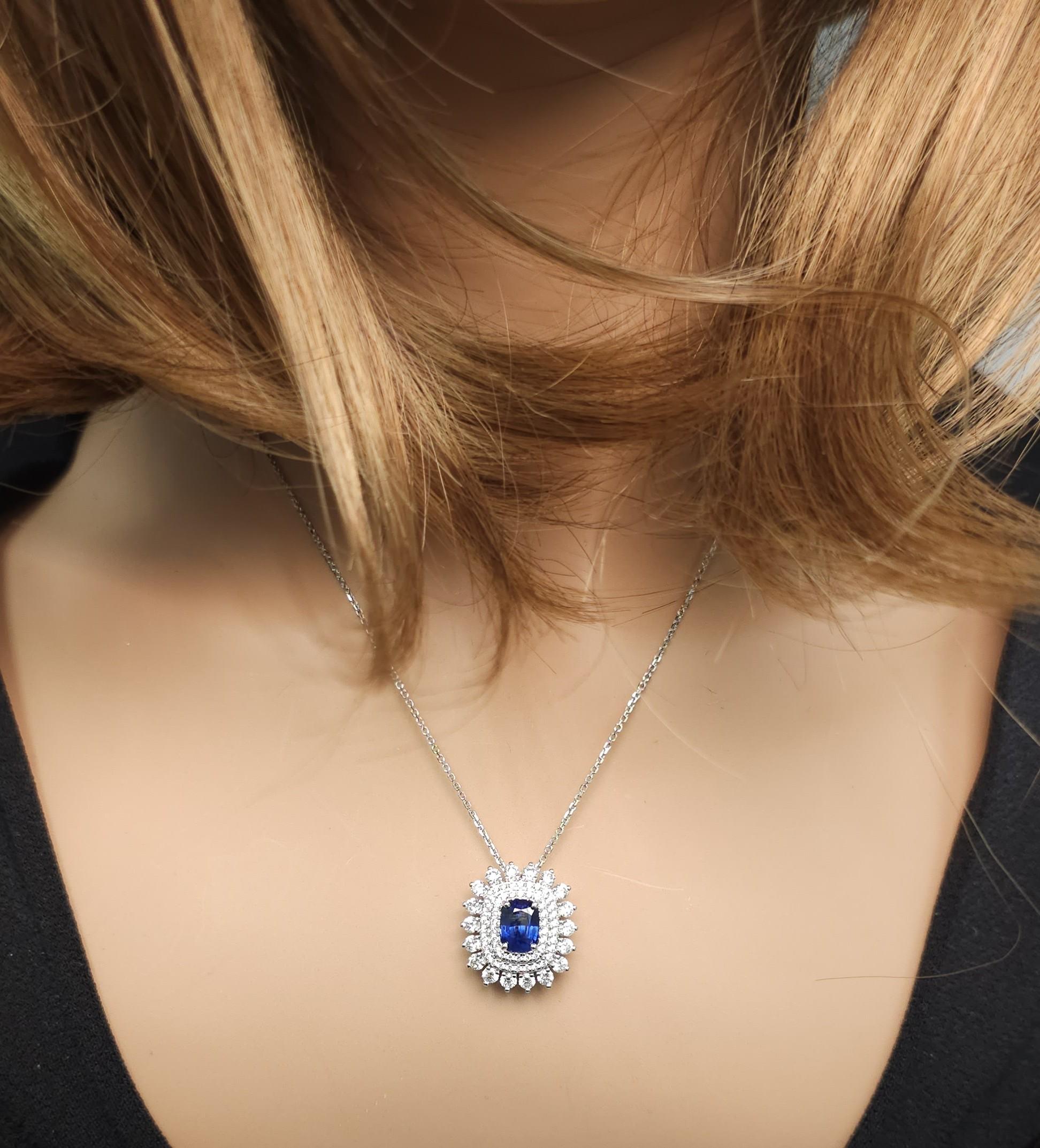 Natural Blue Cushion Sapphire and White Diamond 2.97 Carat TW Gold Drop Pendant
