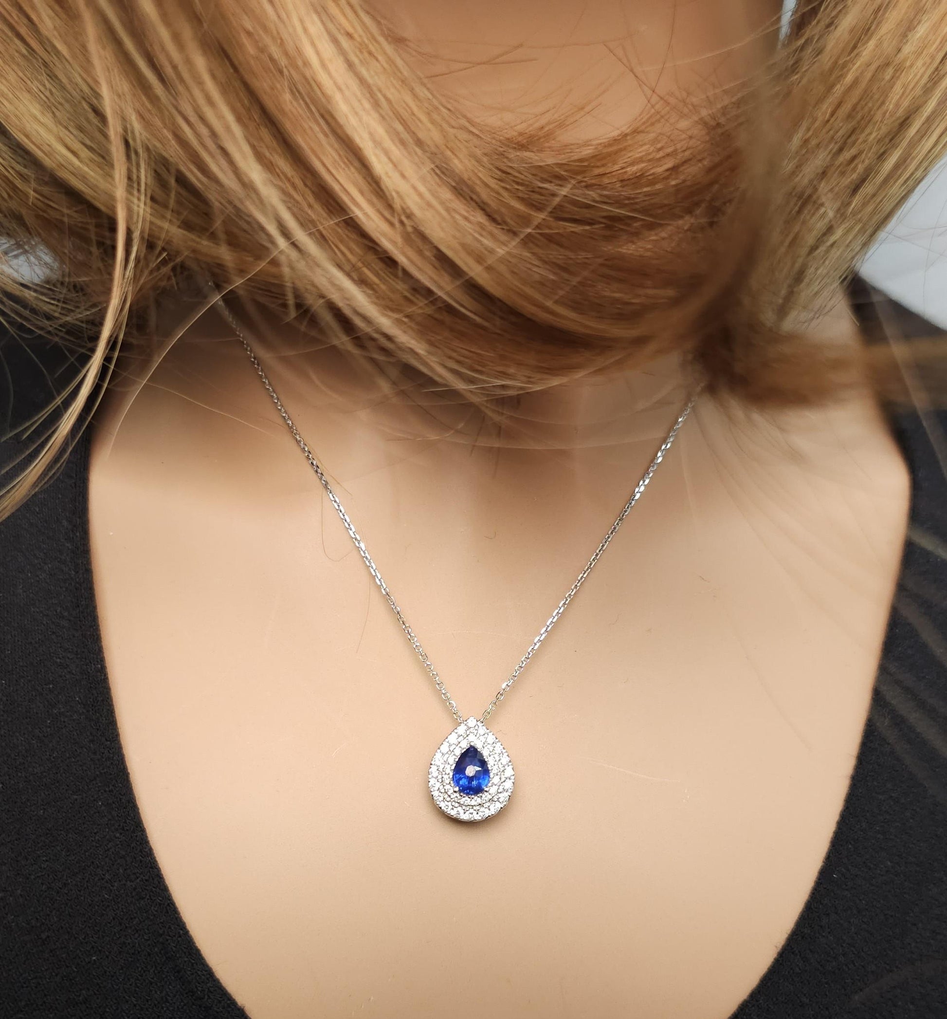 Natural Blue Pear Sapphire and White Diamond 1.40 Carat TW Gold Drop Pendant