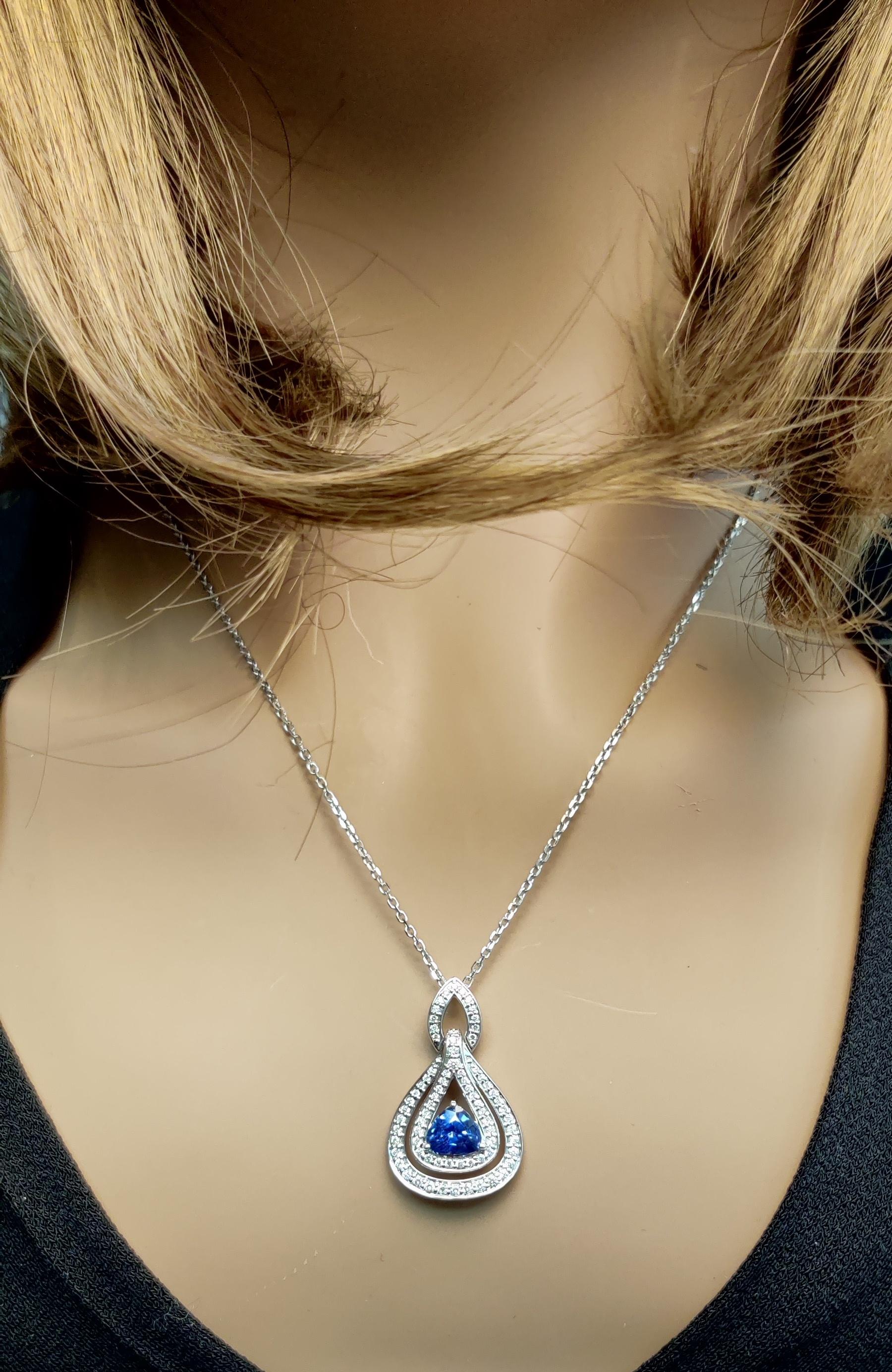 Natural Blue Trillion Sapphire and Diamond 1.84 Carat TW White Gold Drop Pendant
