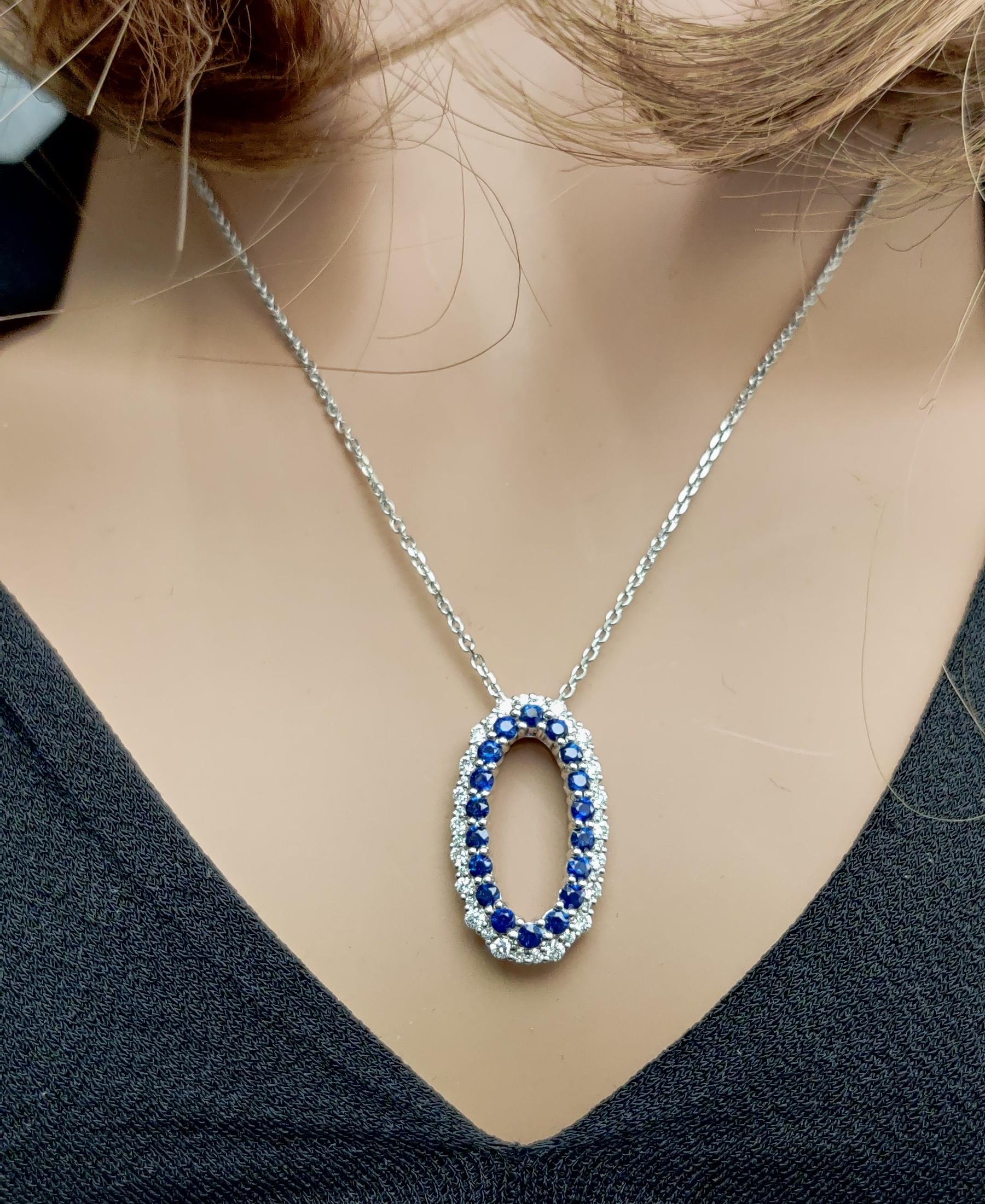 Natural Blue Round Sapphire and White Diamond 1.65 Carat TW Gold Drop Pendant