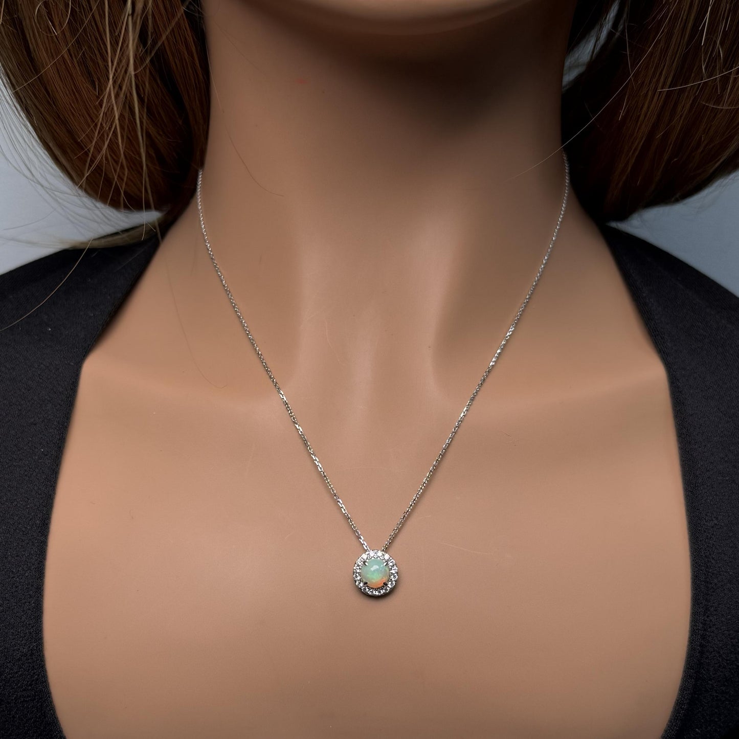 Natural Round Opal and White Diamond 1.16 Carat TW Gold Drop Pendant