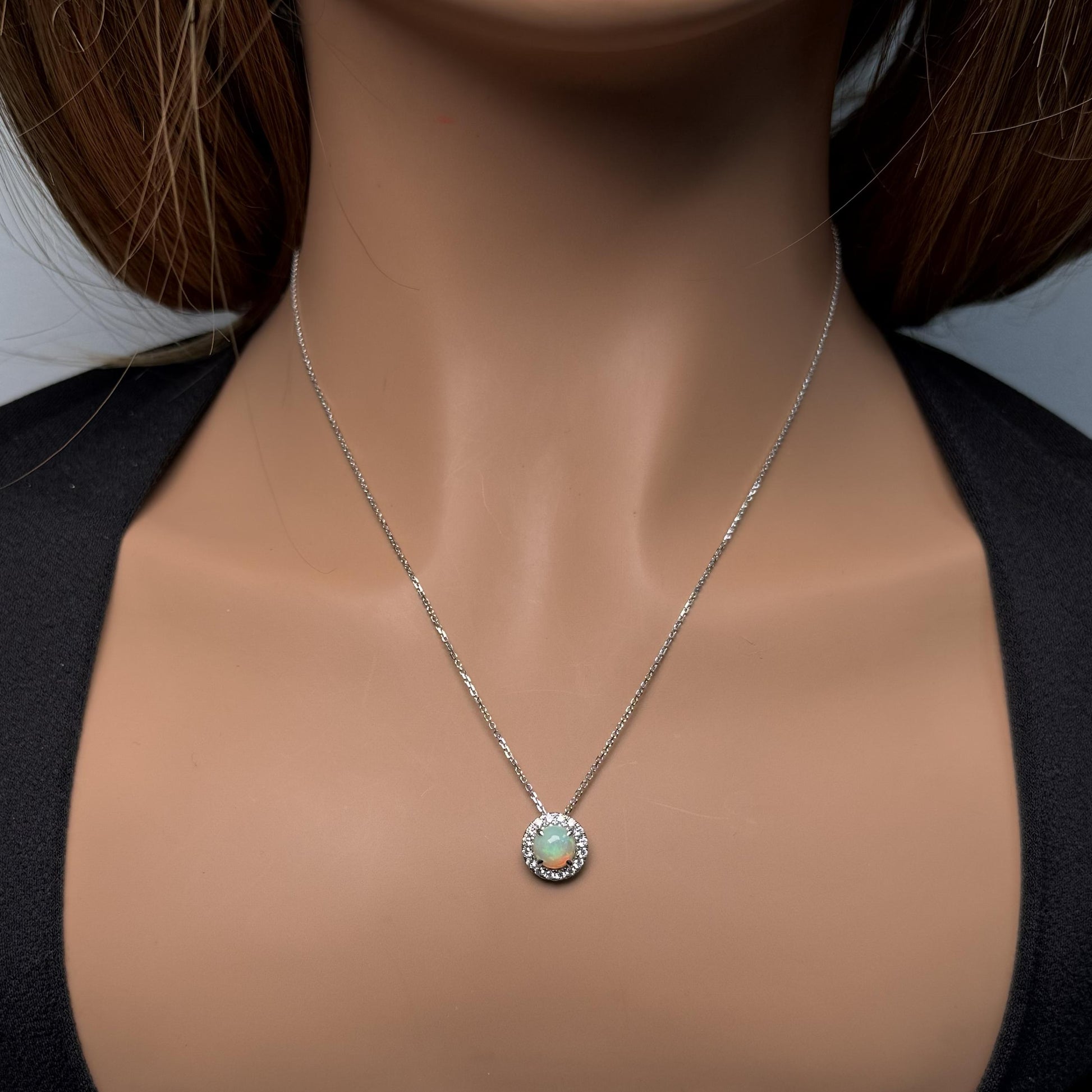 Natural Round Opal and White Diamond 1.16 Carat TW Gold Drop Pendant