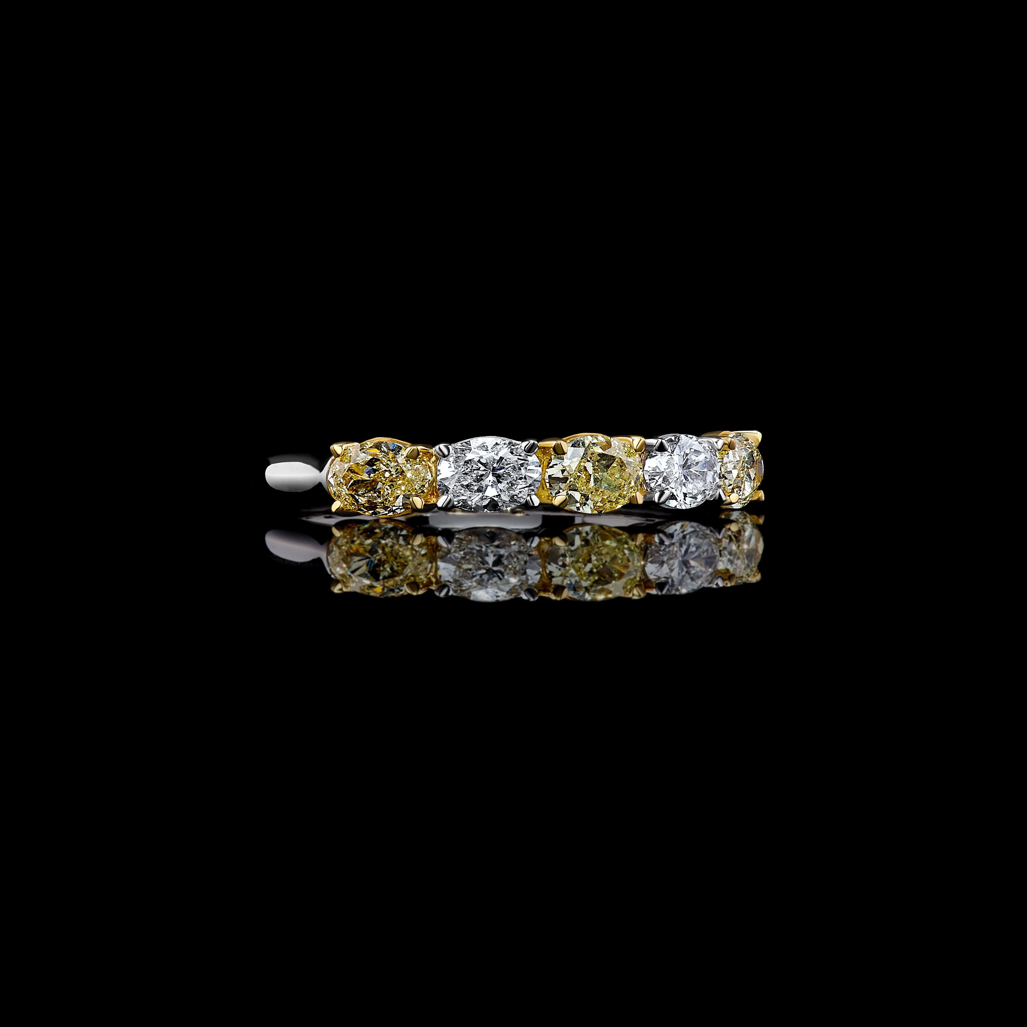 Natural Yellow Oval and White Diamond 1.17 Carat TW Gold Wedding Band