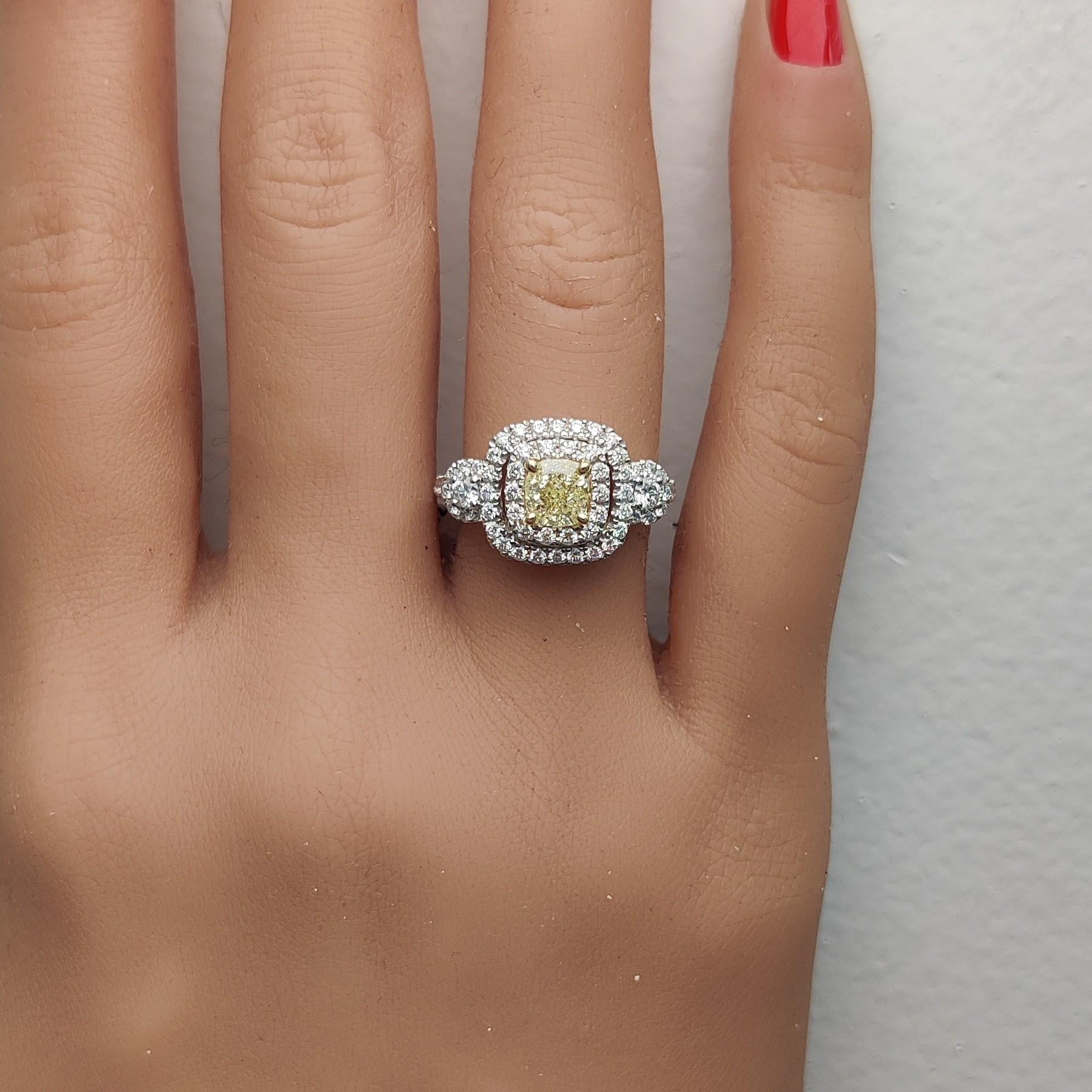 Natural Yellow Cushion Diamond 1.49 Carat TW Gold Cocktail Ring