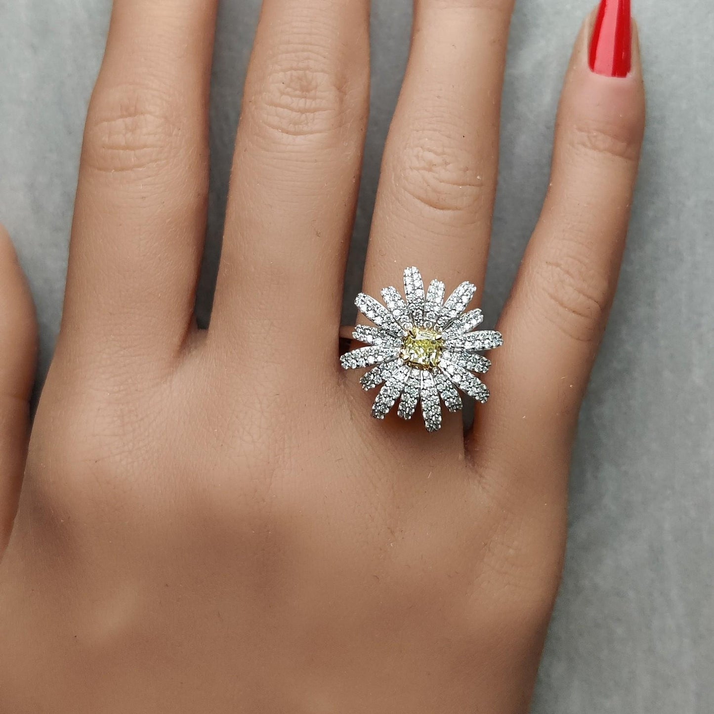 Natural Yellow Radiant and White Diamond 1.15 Carat TW Gold Cocktail Ring