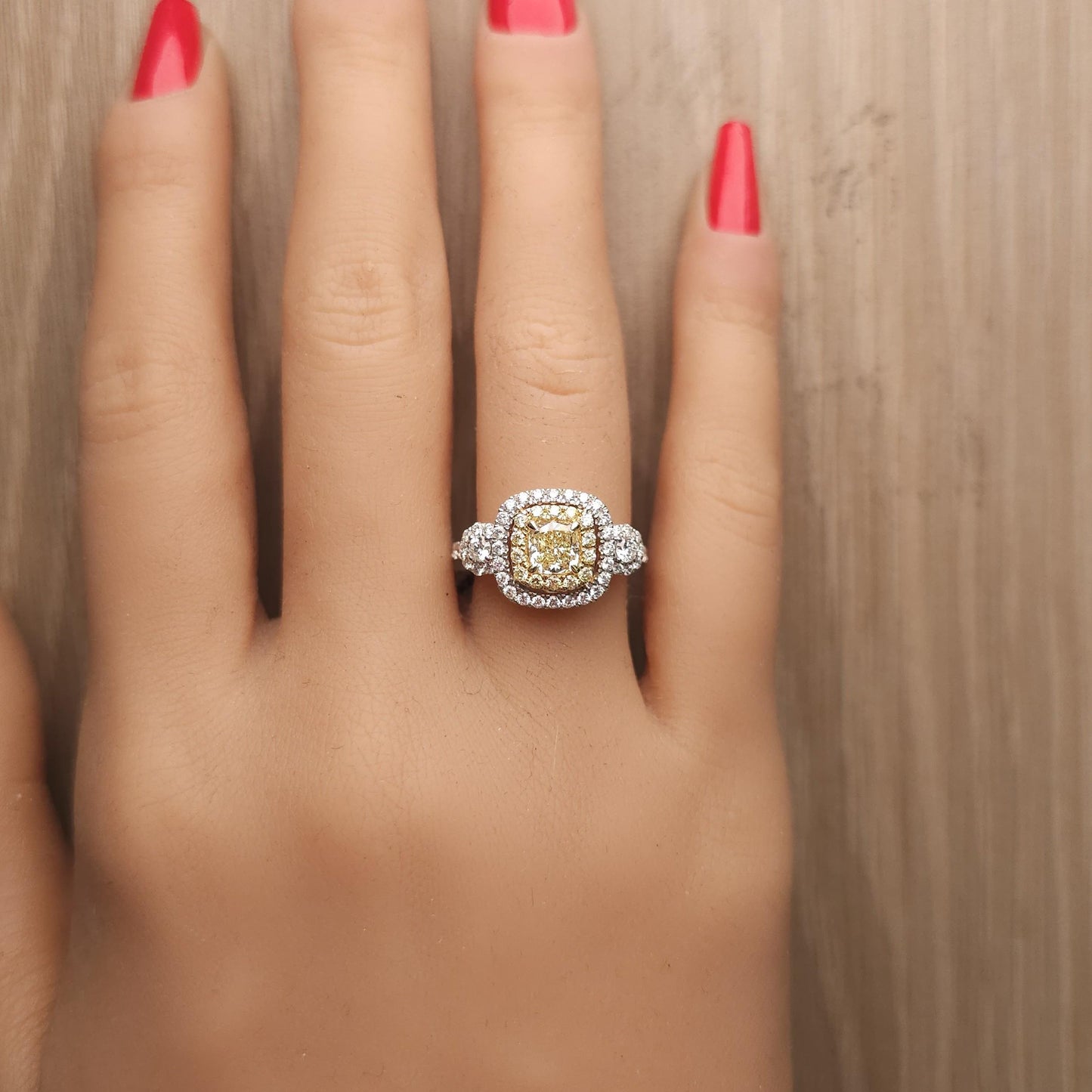 GIA Certified Fancy Light Yellow Cushion Diamond 1.48 Carat TW Gold Ring