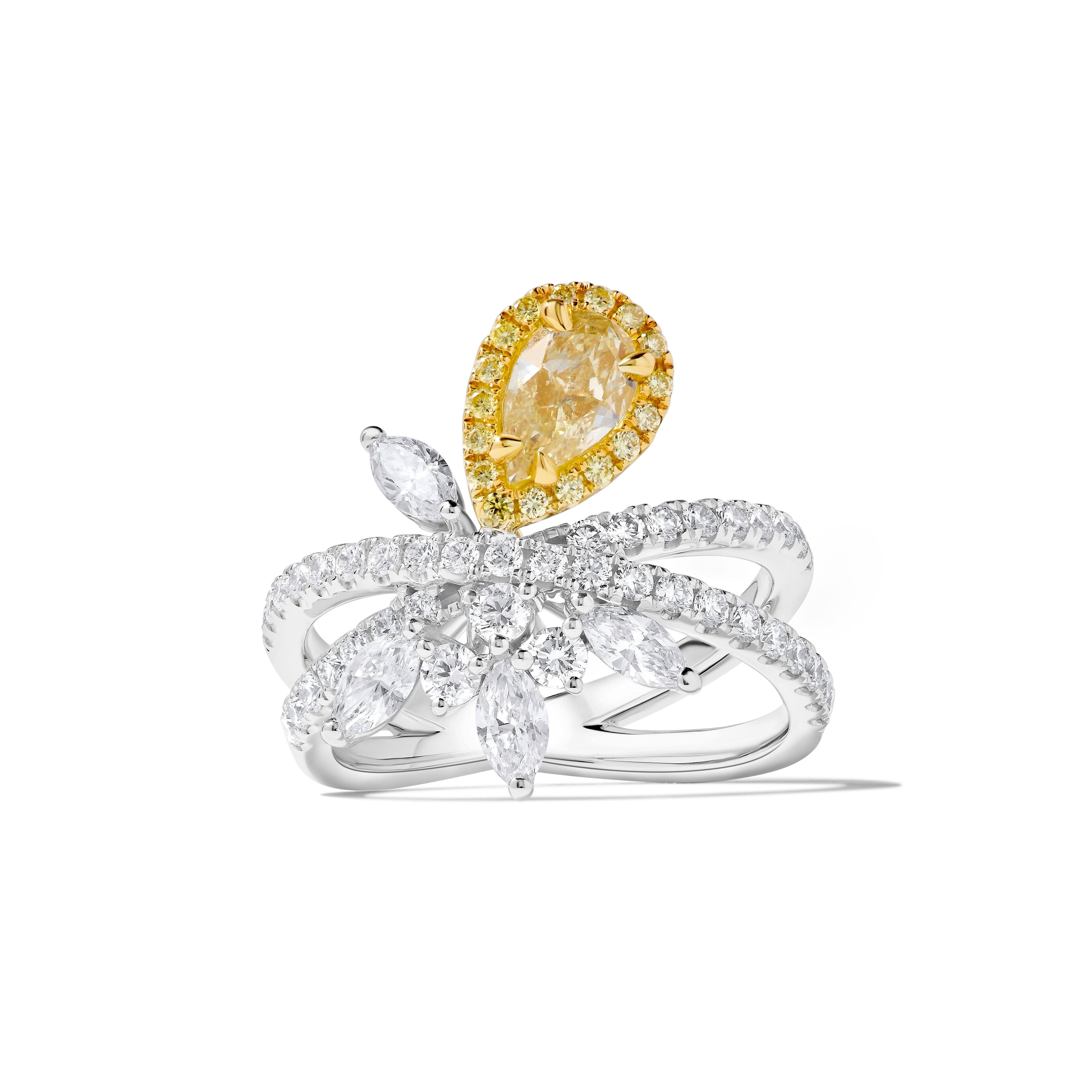 GIA Certified Natural Yellow Pear Diamond 2.06 Carat TW Gold Cocktail Ring