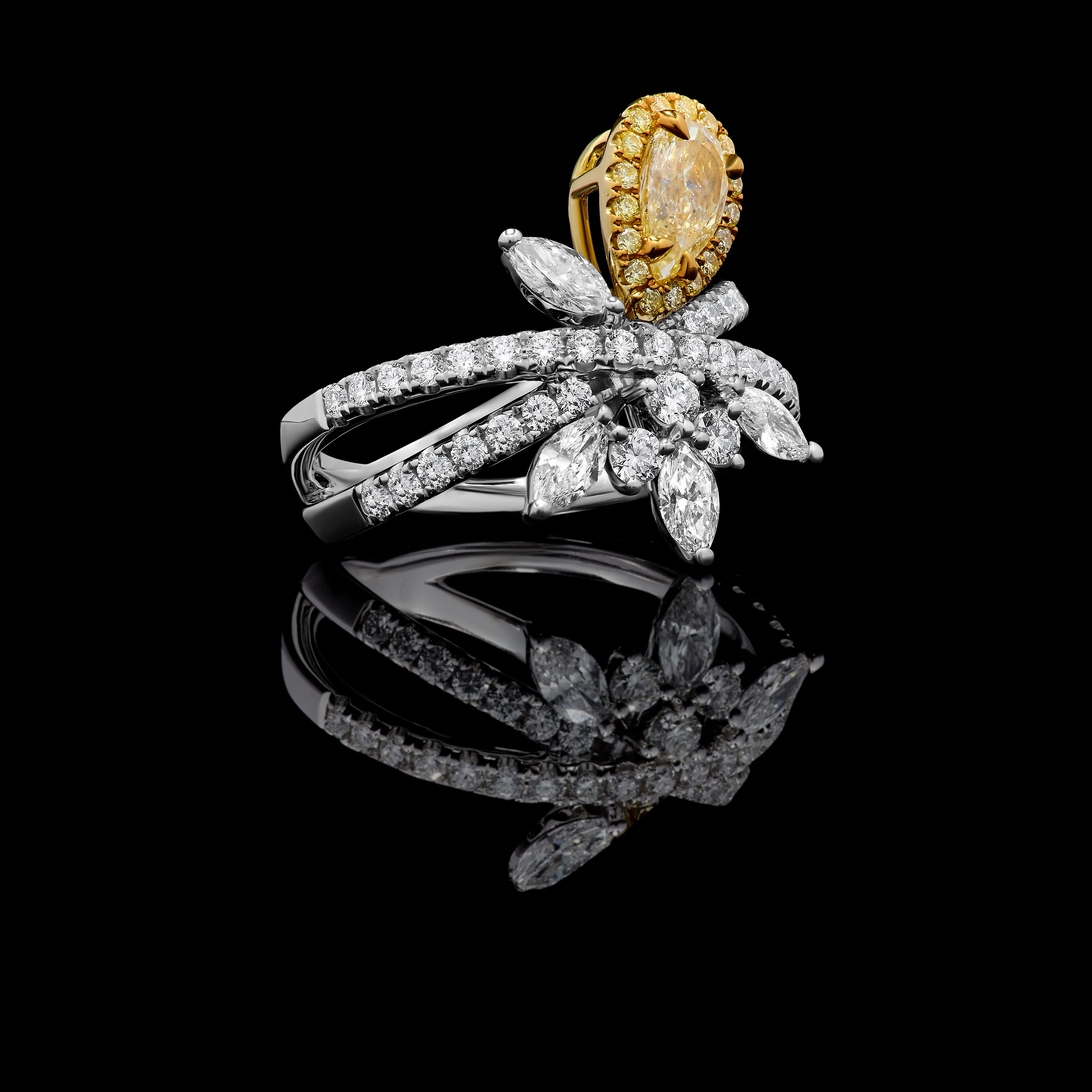 GIA Certified Natural Yellow Pear Diamond 2.06 Carat TW Gold Cocktail Ring