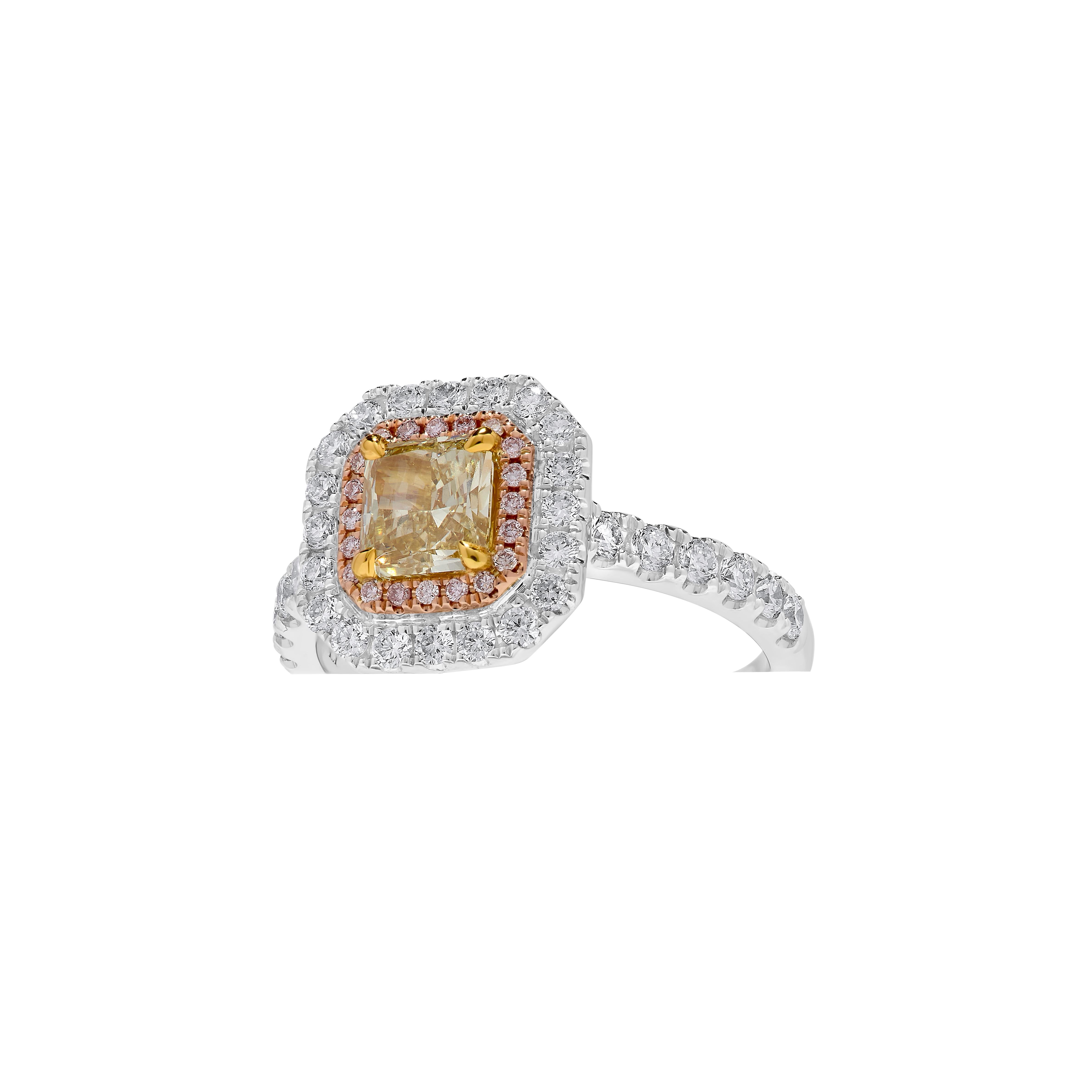 GIA Certified Natural Yellow Radiant Diamond 1.61 Carat TW Gold Cocktail Ring