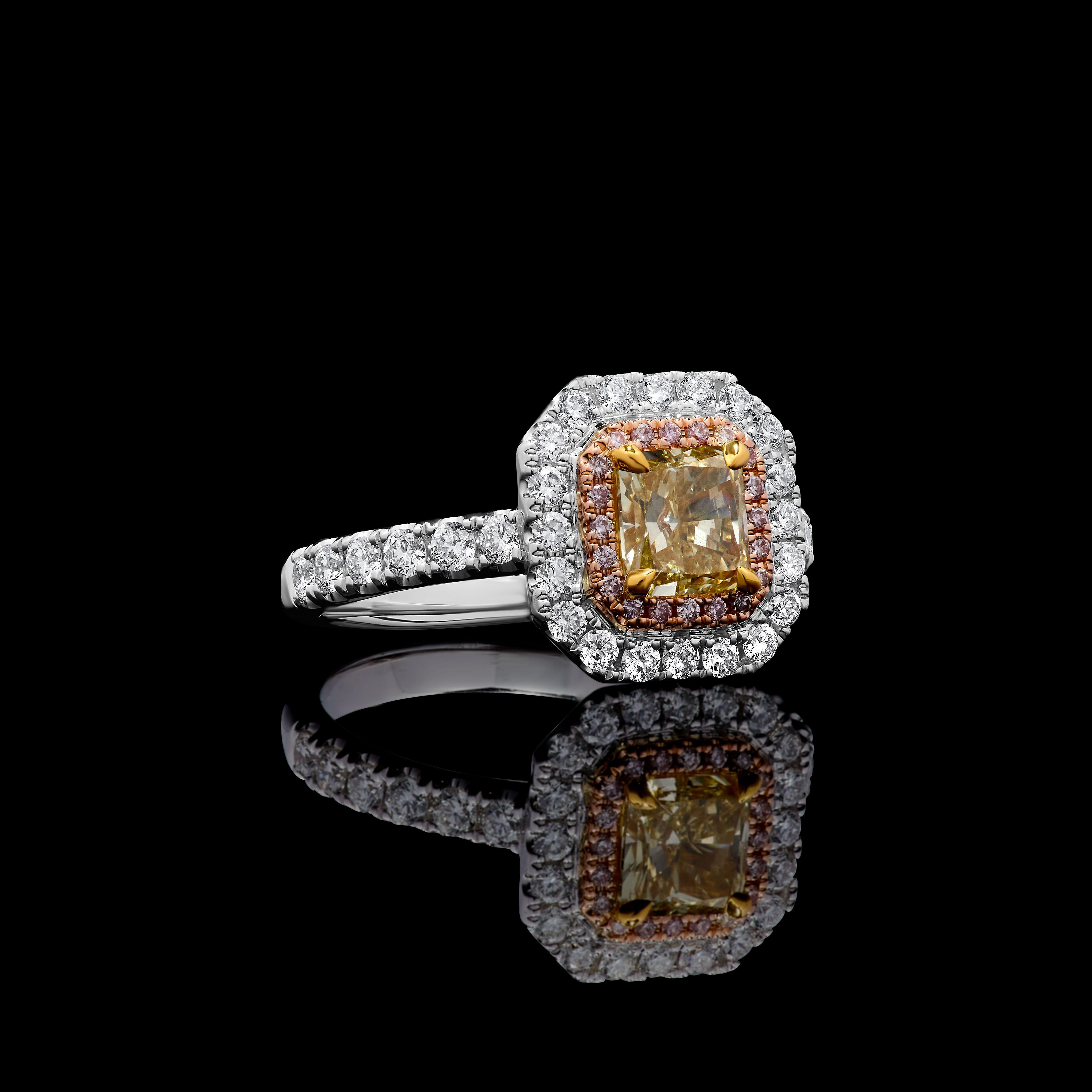 GIA Certified Natural Yellow Radiant Diamond 1.61 Carat TW Gold Cocktail Ring