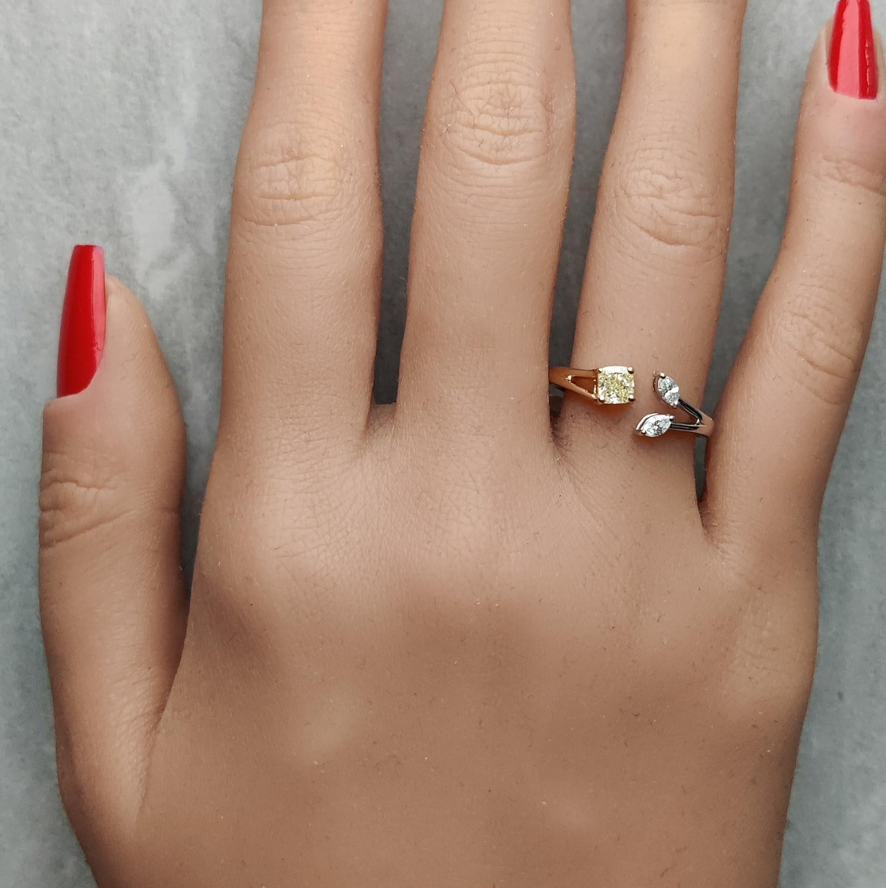 Natural Yellow Cushion and White Diamond 0.70 Carat TW Gold Cocktail Ring