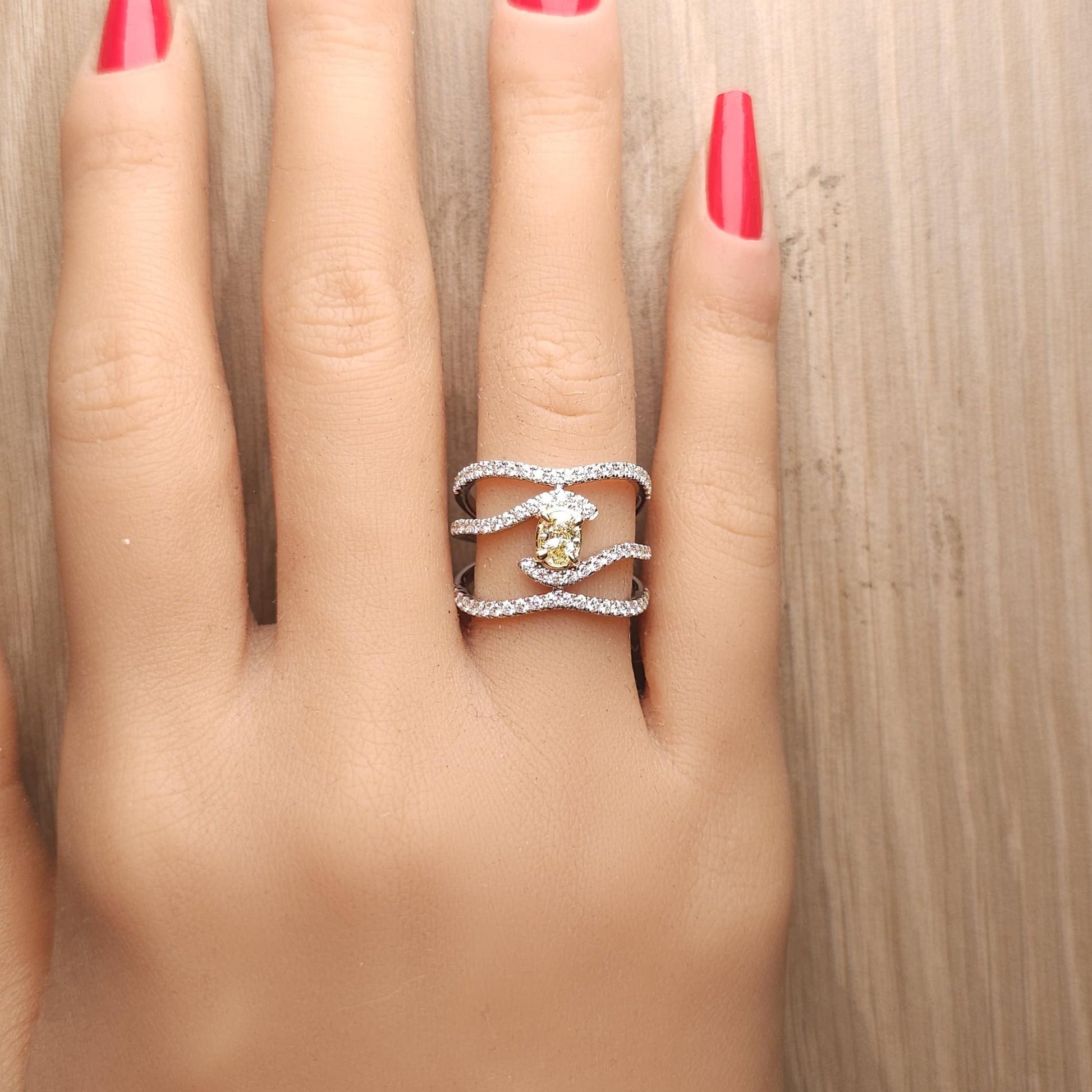 Natural Yellow Oval and White Diamond 1.10 Carat TW Gold Cocktail Ring