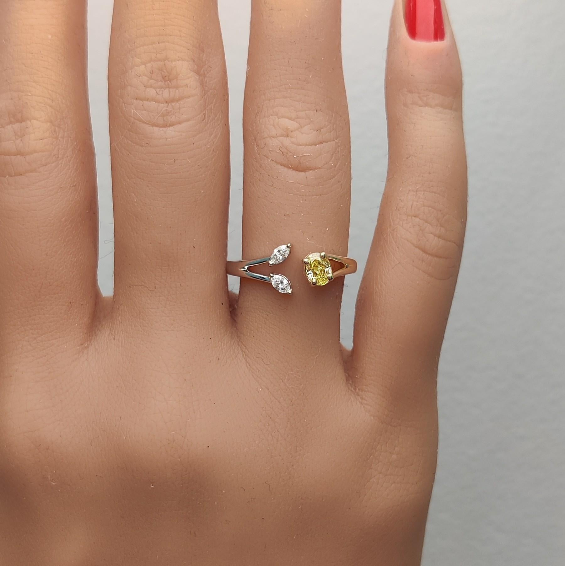 Natural Yellow Oval and White Diamond 0.44 Carat TW Gold Cocktail Ring