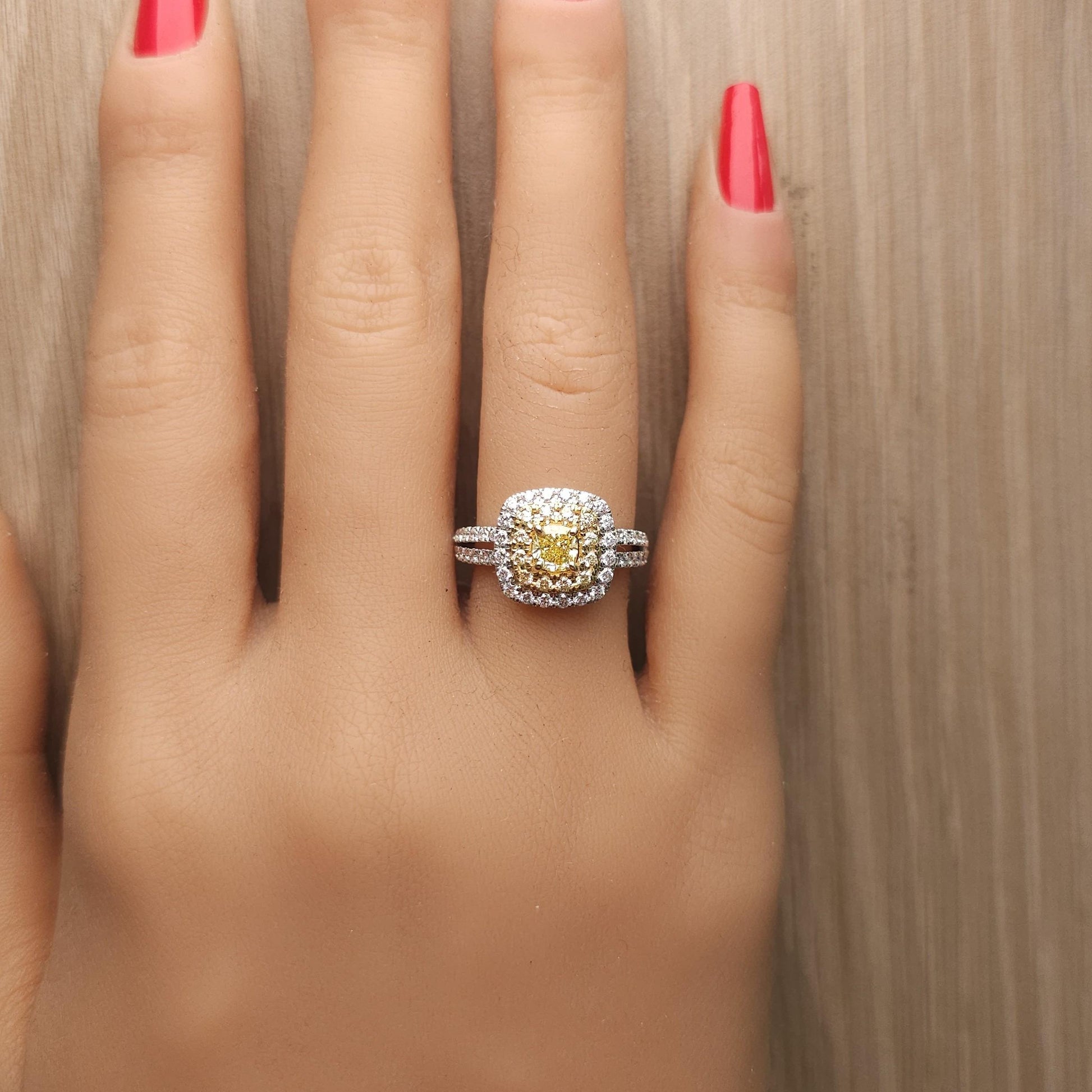 GIA Certified Intense Yellow Cushion Diamond 1.17 Carat TW Gold Cocktail Ring