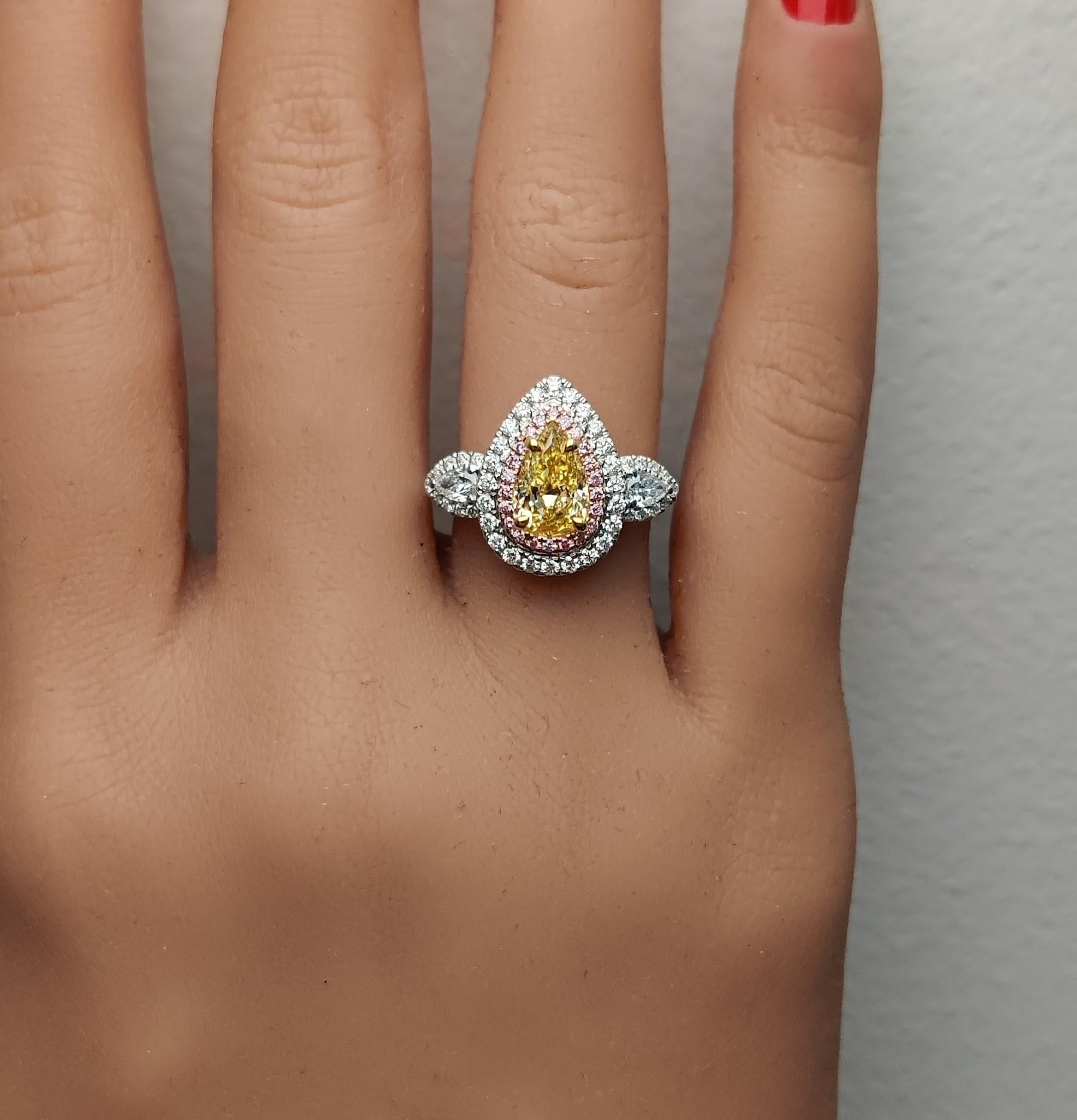 GIA Certified Natural Yellow Pear Diamond 2.00 Carat TW Gold Cocktail Ring