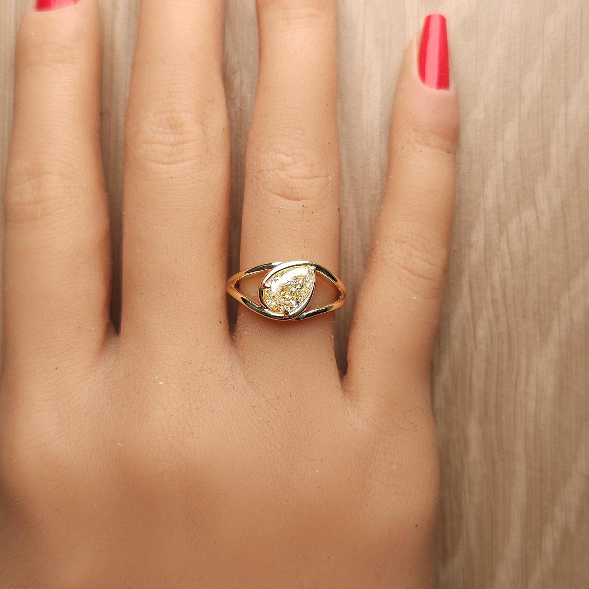 GIA Certified Natural Yellow Pear Diamond 1.52 Carat TW Gold Cocktail Ring