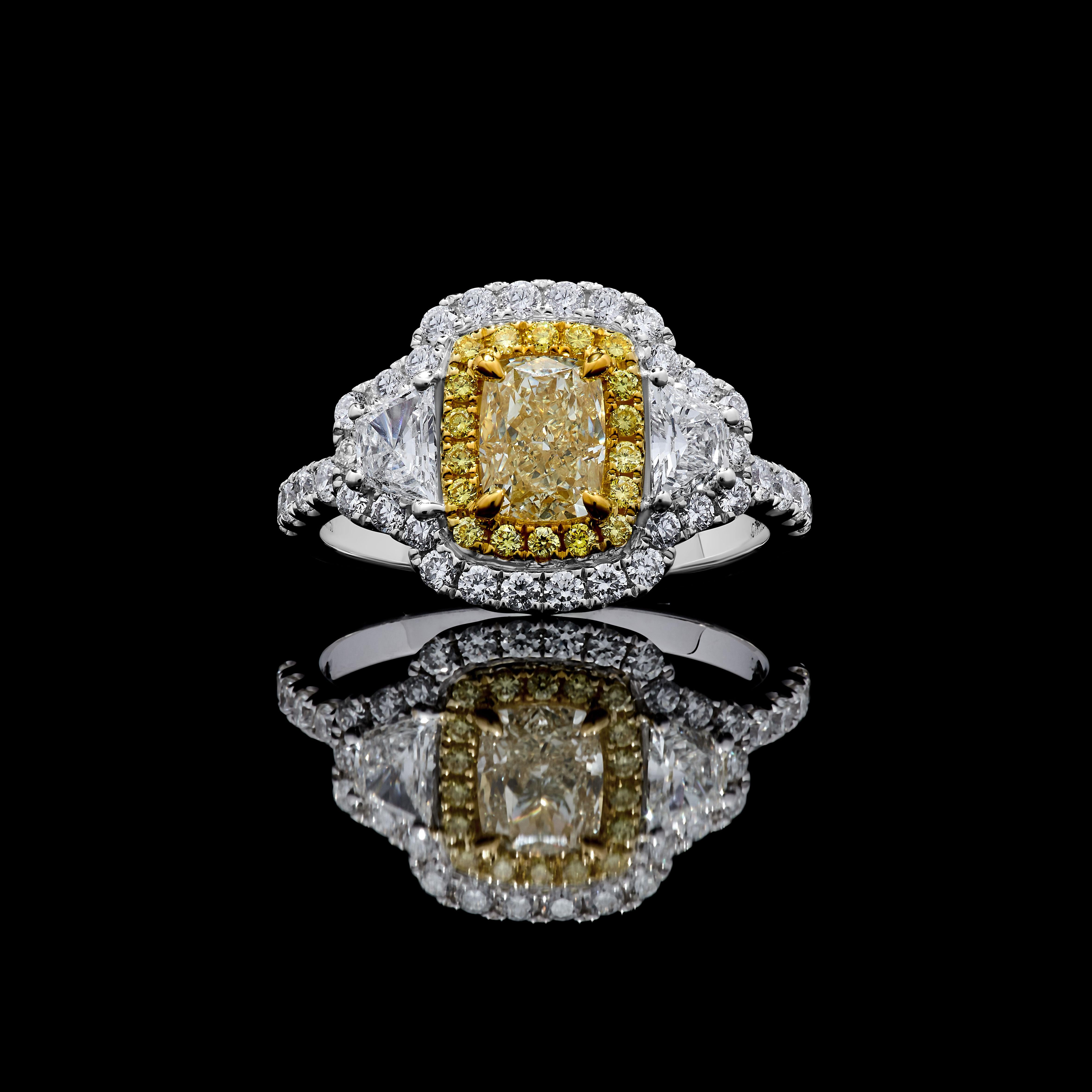 GIA Certified Natural Yellow Cushion Diamond 2.11 Carat TW Gold Cocktail Ring