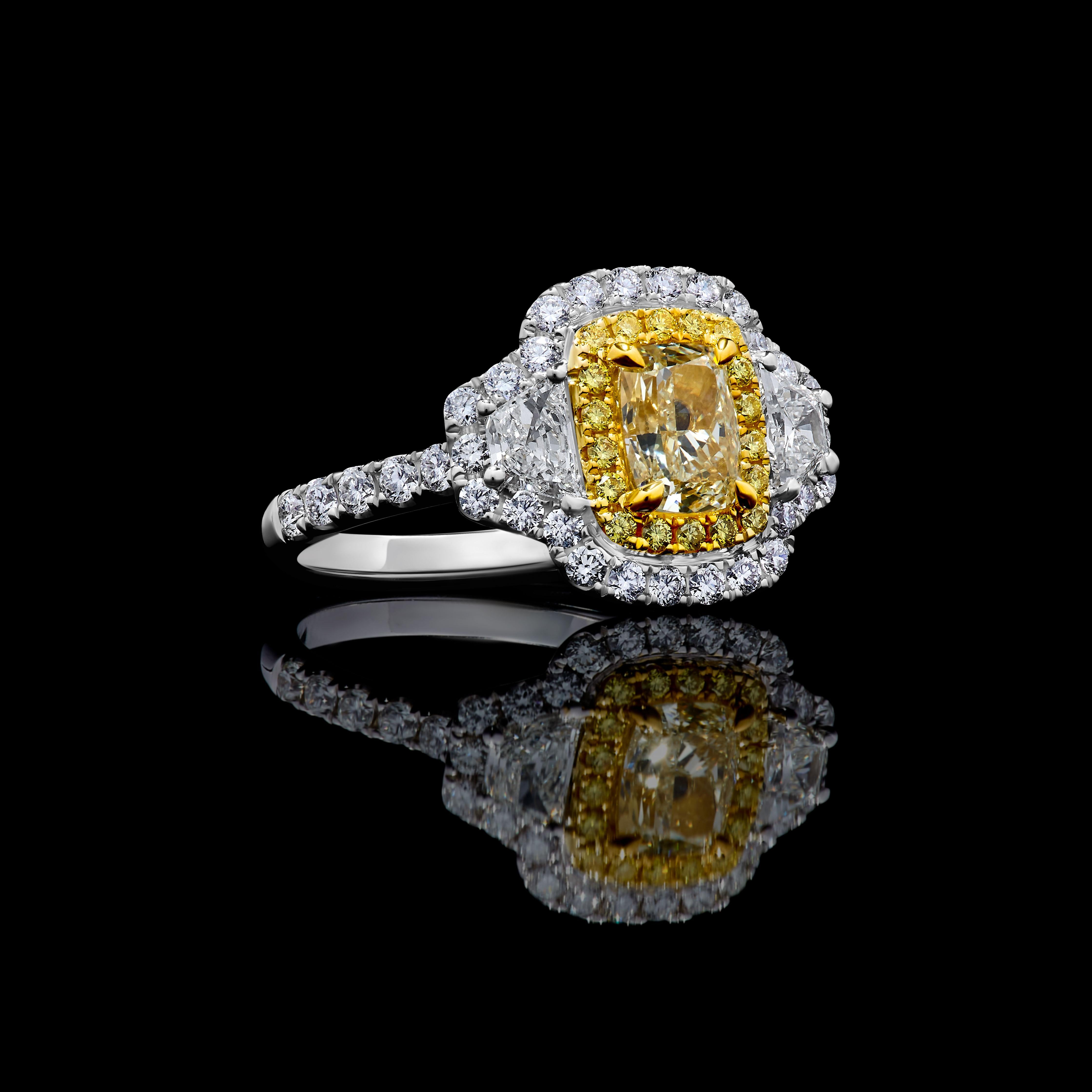 GIA Certified Natural Yellow Cushion Diamond 2.11 Carat TW Gold Cocktail Ring