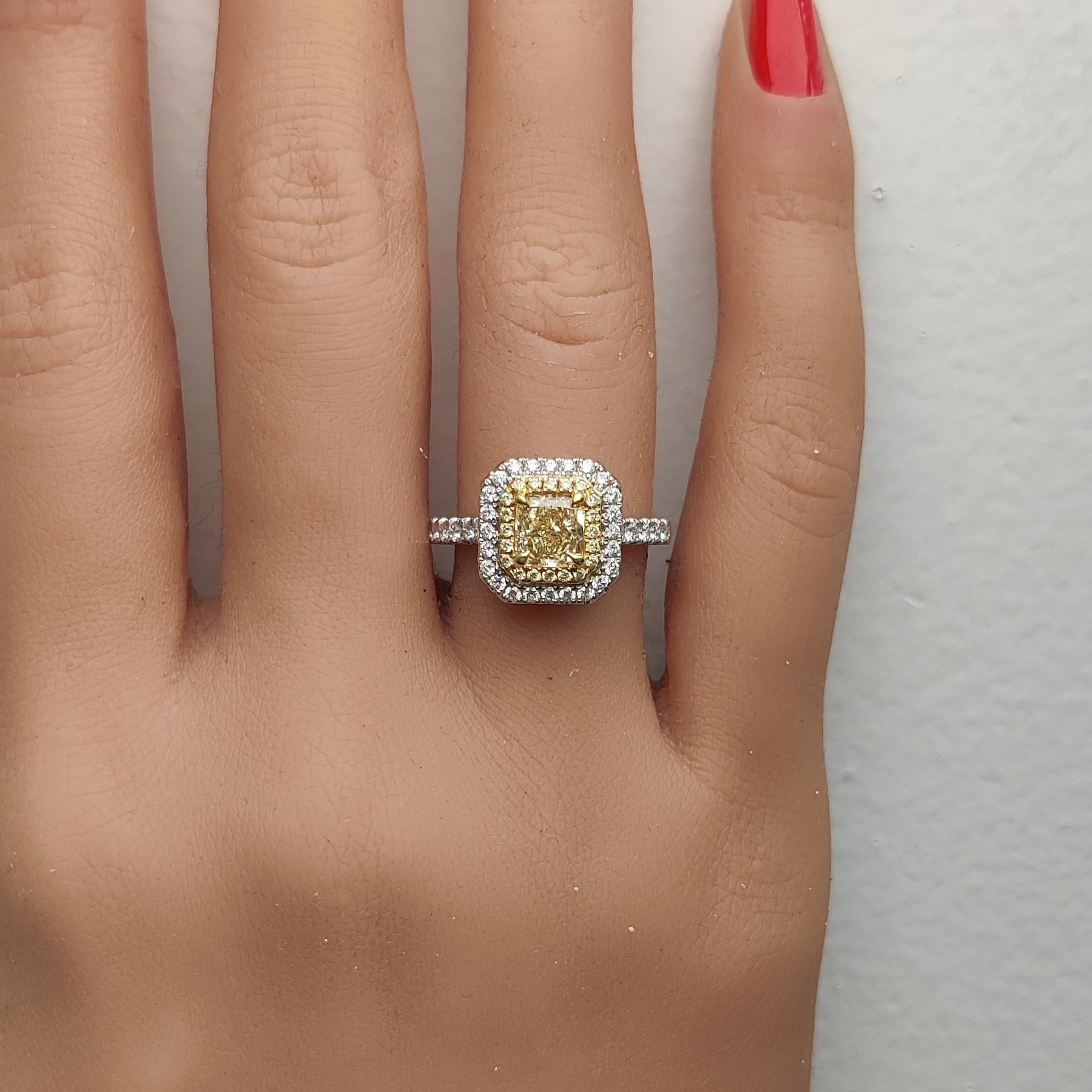 GIA Certified Natural Yellow Radiant Diamond 1.54 Carat TW Gold Cocktail Ring