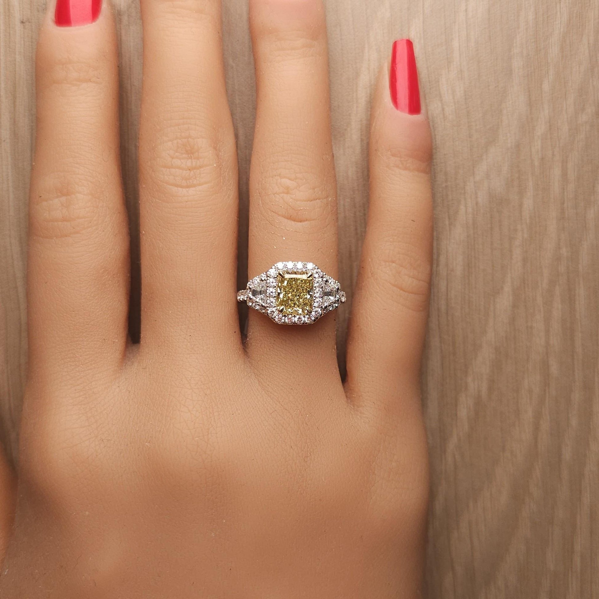 GIA Fancy Brownish Greenish Yellow Radiant Diamond 2.60 Carat TW Gold Ring