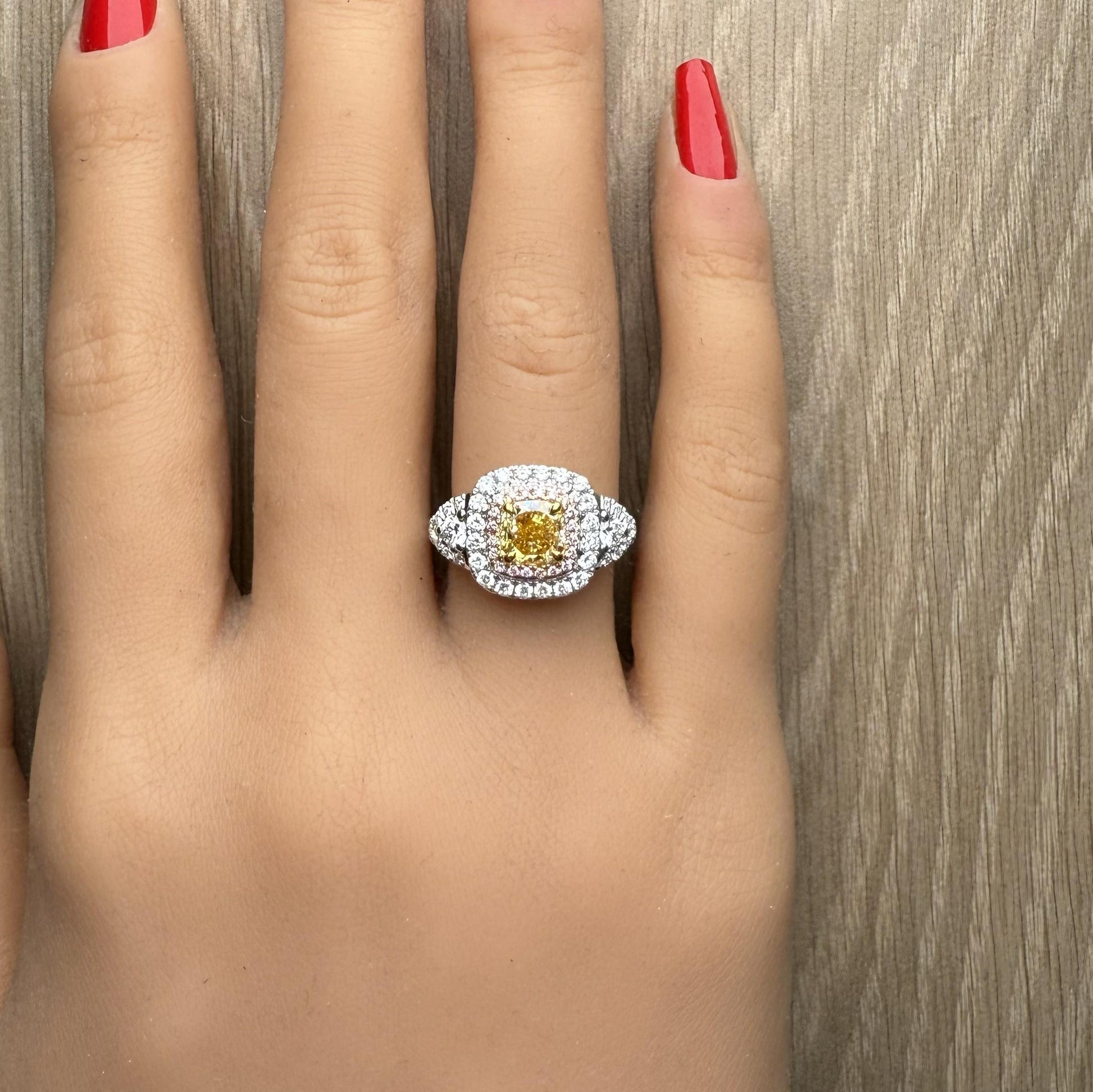 GIA Natural Fancy Intense Orangy Yellow Cushion Diamond 1.92 Carat TW Gold Ring