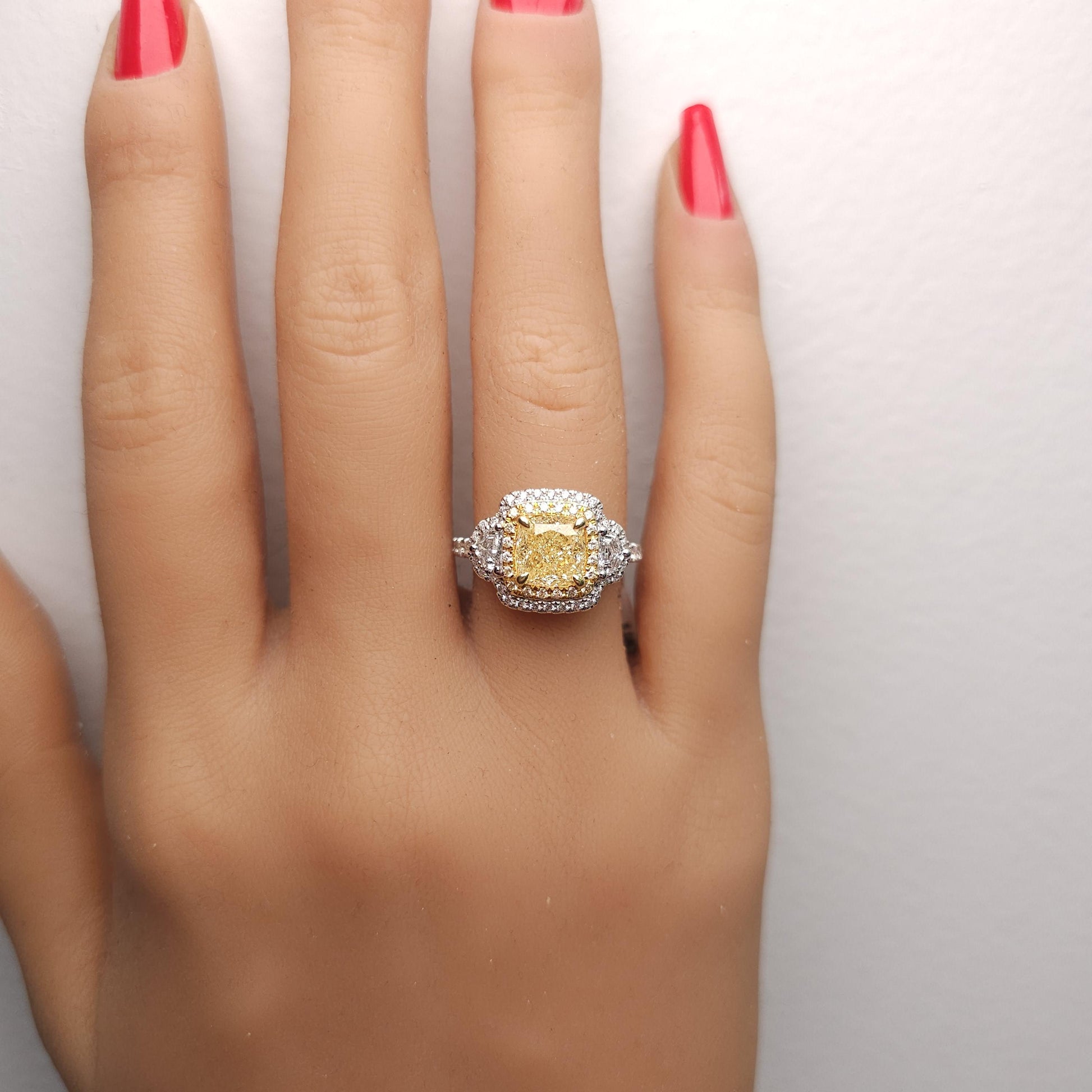 GIA Certified Natural Yellow Cushion Diamond 3.05 Carat TW Plat Cocktail Ring