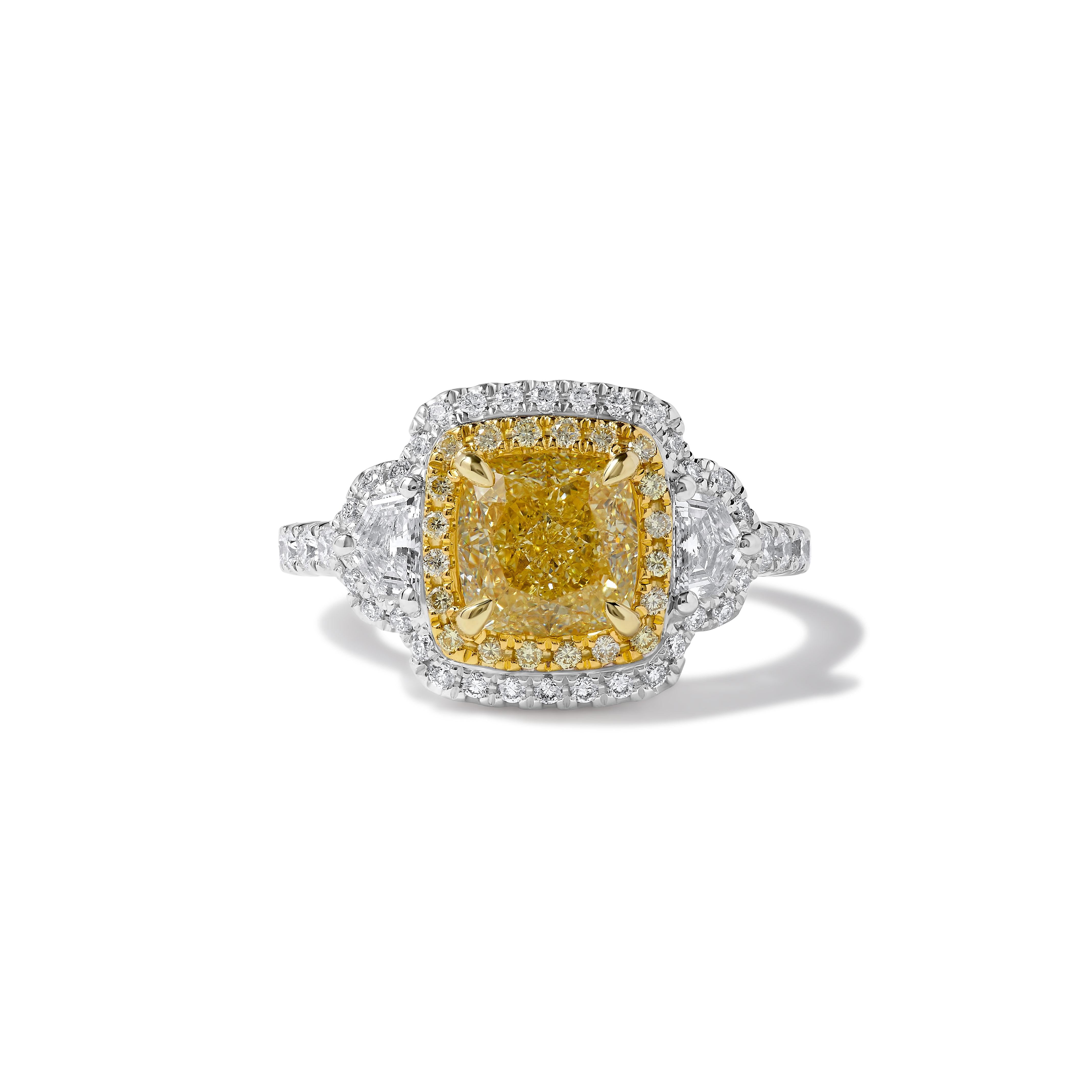 GIA Certified Natural Yellow Cushion Diamond 3.05 Carat TW Plat Cocktail Ring