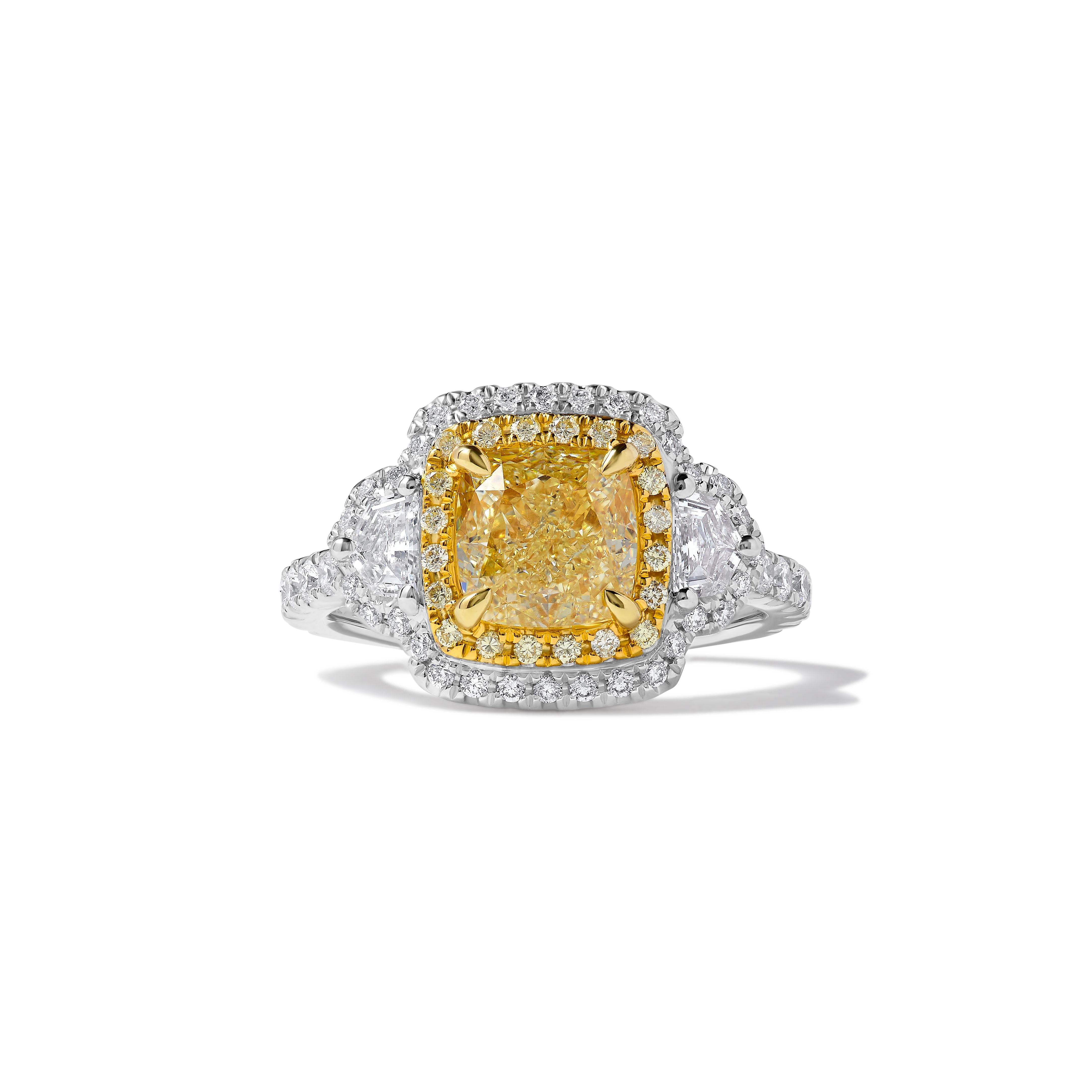 GIA Certified Natural Yellow Cushion Diamond 3.05 Carat TW Plat Cocktail Ring