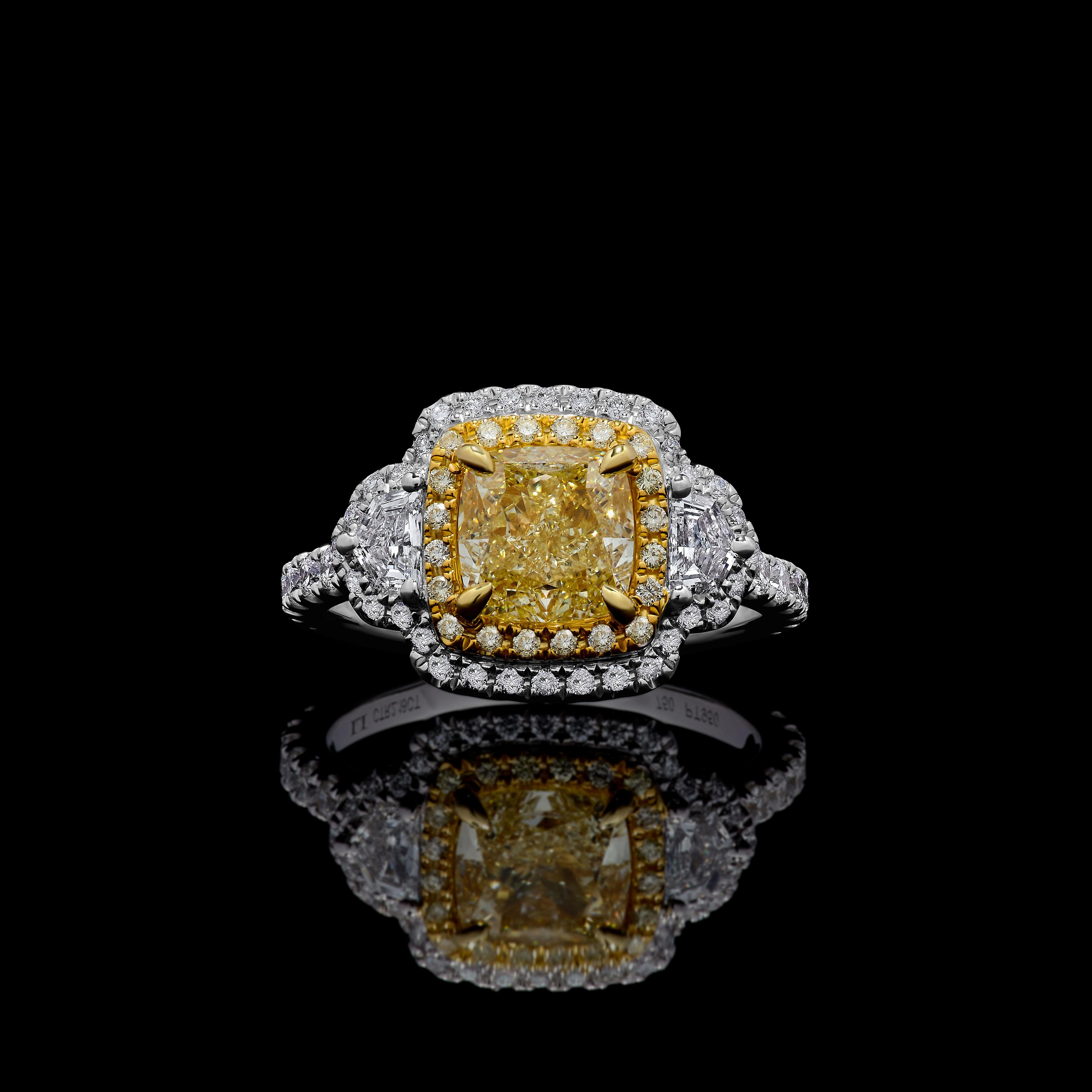 GIA Certified Natural Yellow Cushion Diamond 3.05 Carat TW Plat Cocktail Ring