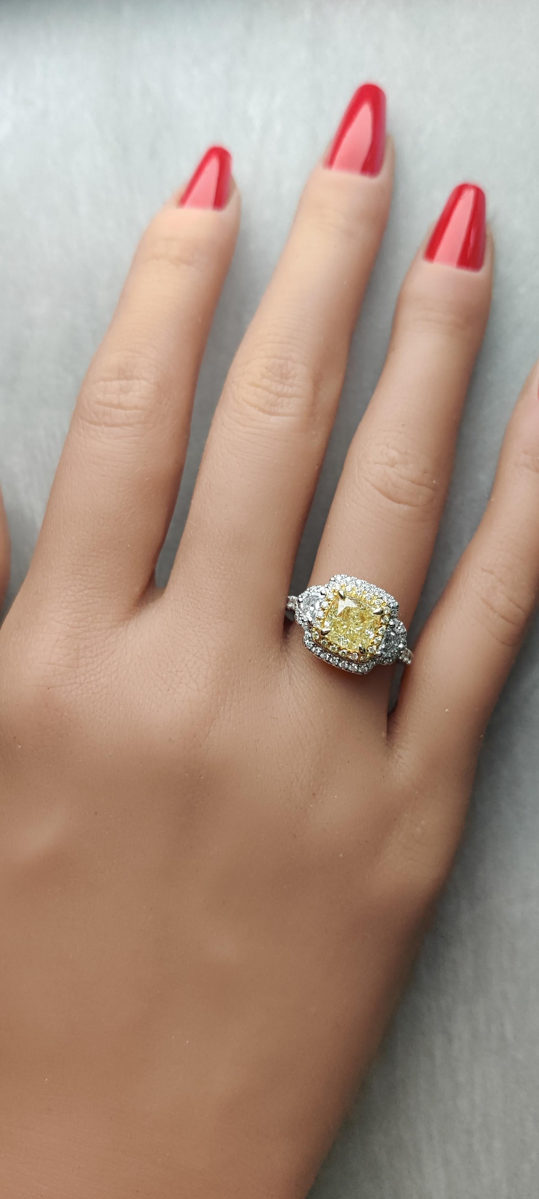 GIA Certified Natural Yellow Cushion Diamond 3.05 Carat TW Plat Cocktail Ring