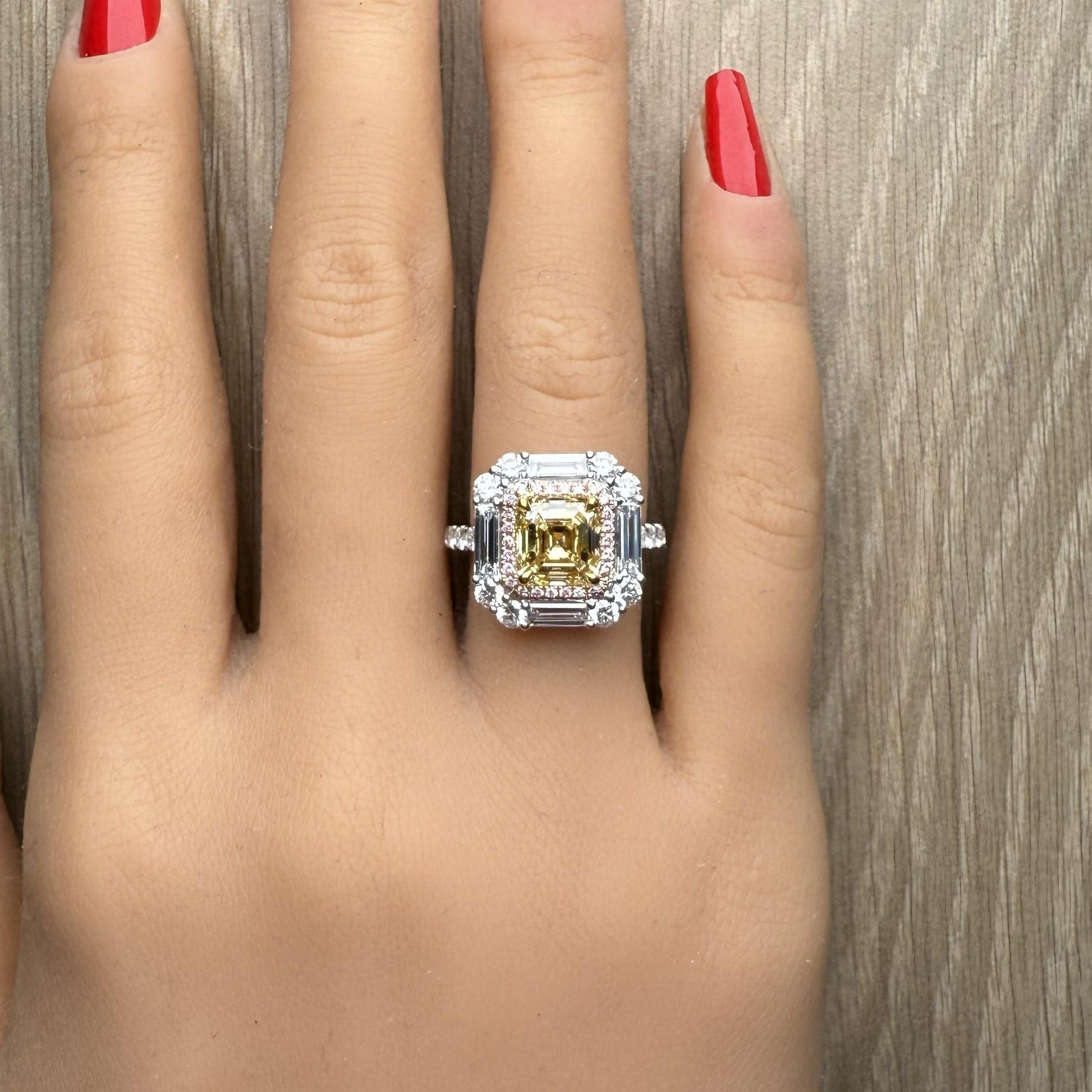 GIA Natural Fancy Brownish Yellow Asscher Diamond 4.48 Carat TW Gold Ring