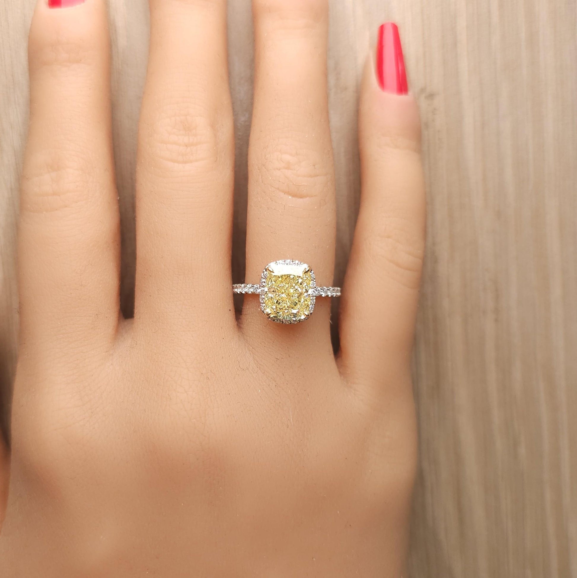 GIA Certified Fancy Intense Yellow Cushion Diamond 4.19 Carat TW Gold Ring