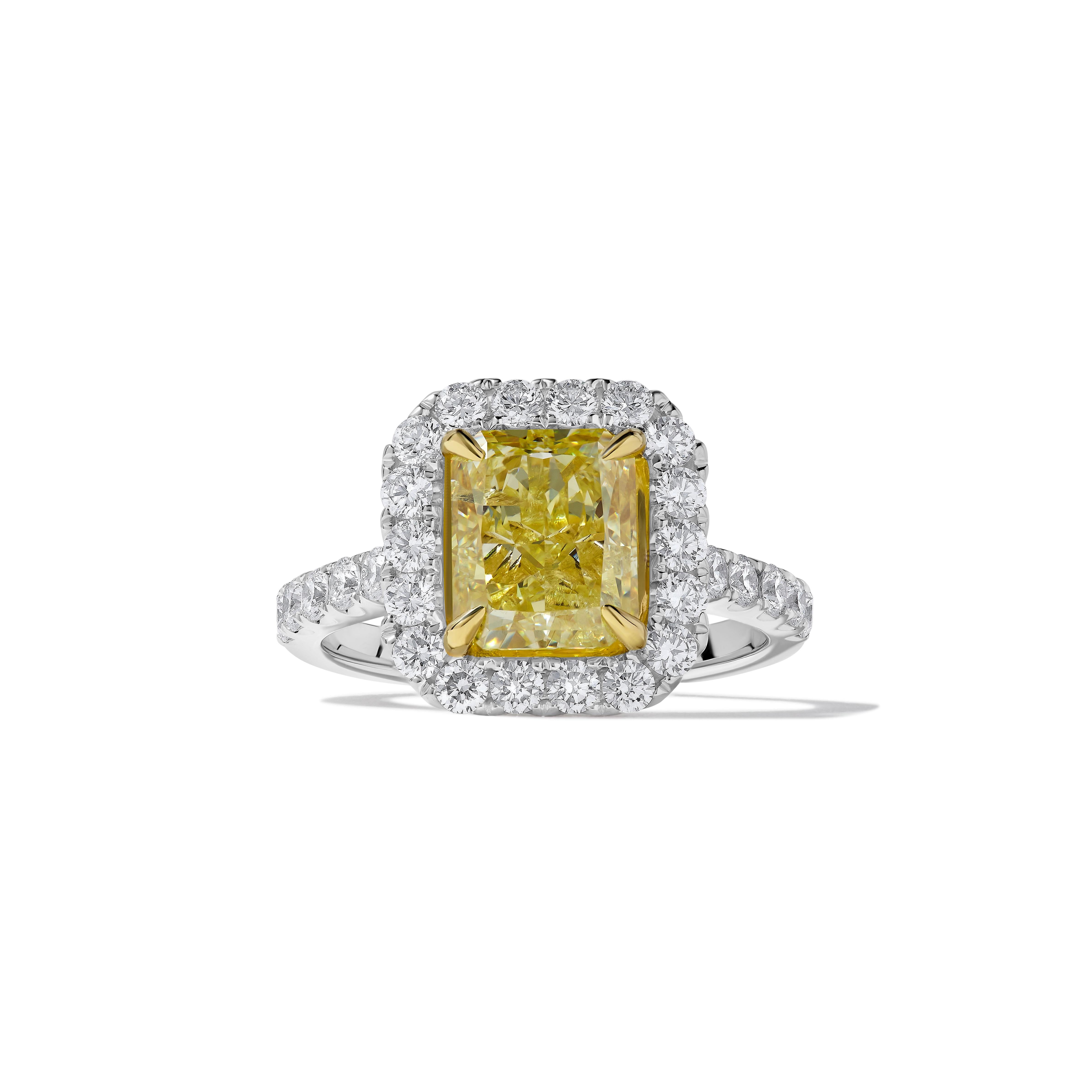 GIA Certified Natural Yellow Radiant Diamond 4.03 Carat TW Gold Cocktail Ring