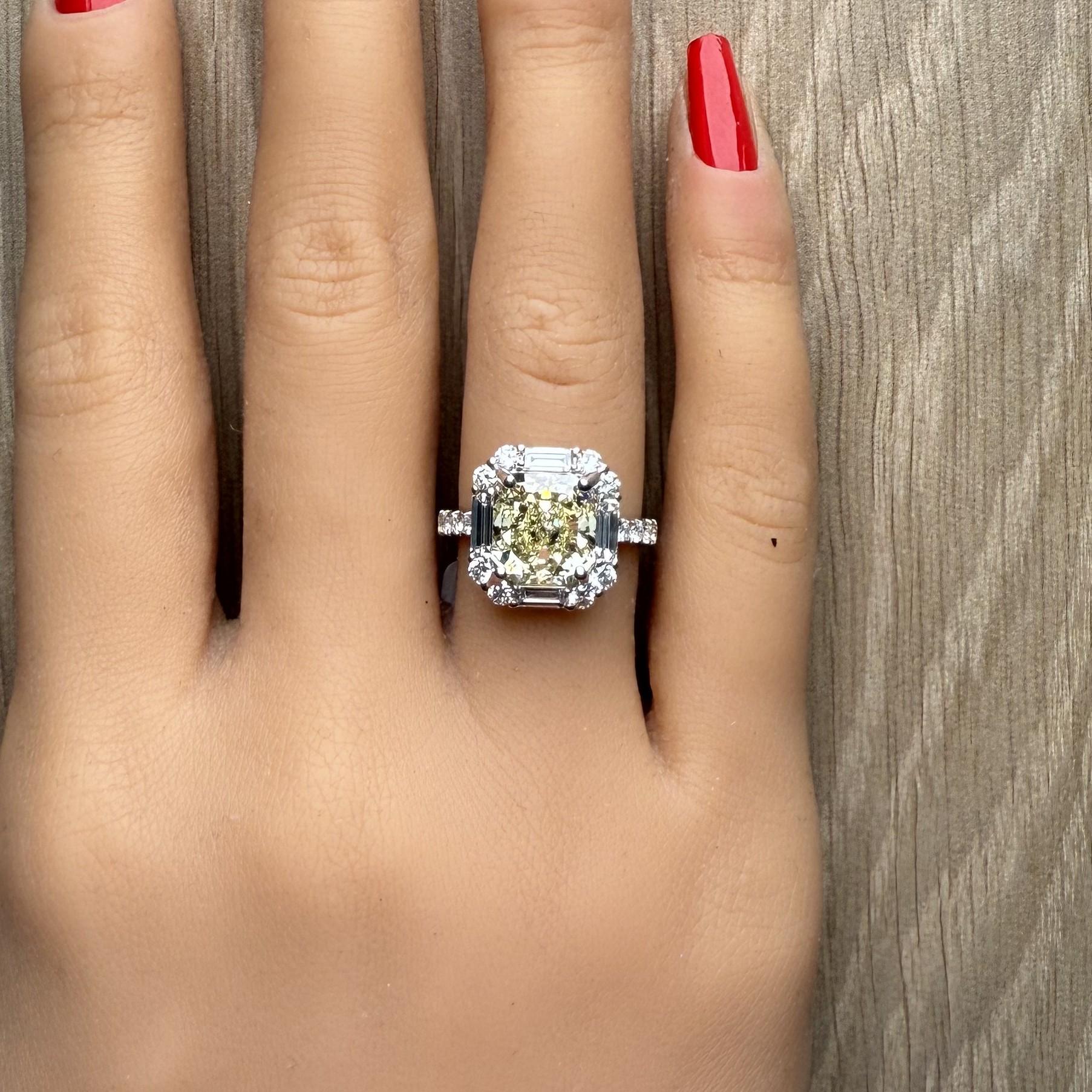 GIA Certified Natural Light Yellow Radiant Diamond 5.11 Carat TW Gold Ring