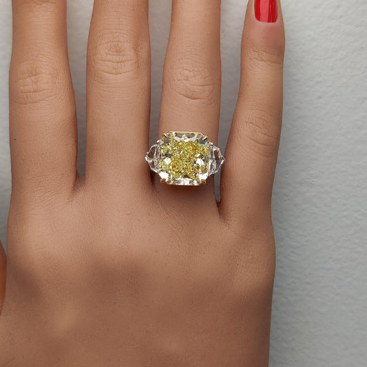 GIA Certified Natural Yellow Radiant Diamond 15.44 Carat TW Plat Cocktail Ring