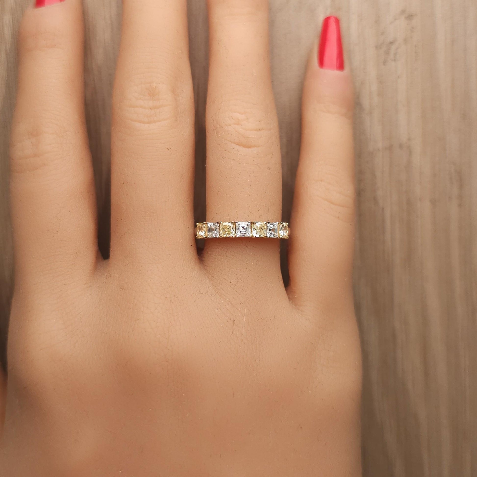 Natural Yellow Cushion and White Emerald Diamond 1.17 Carat TW Cocktail Band