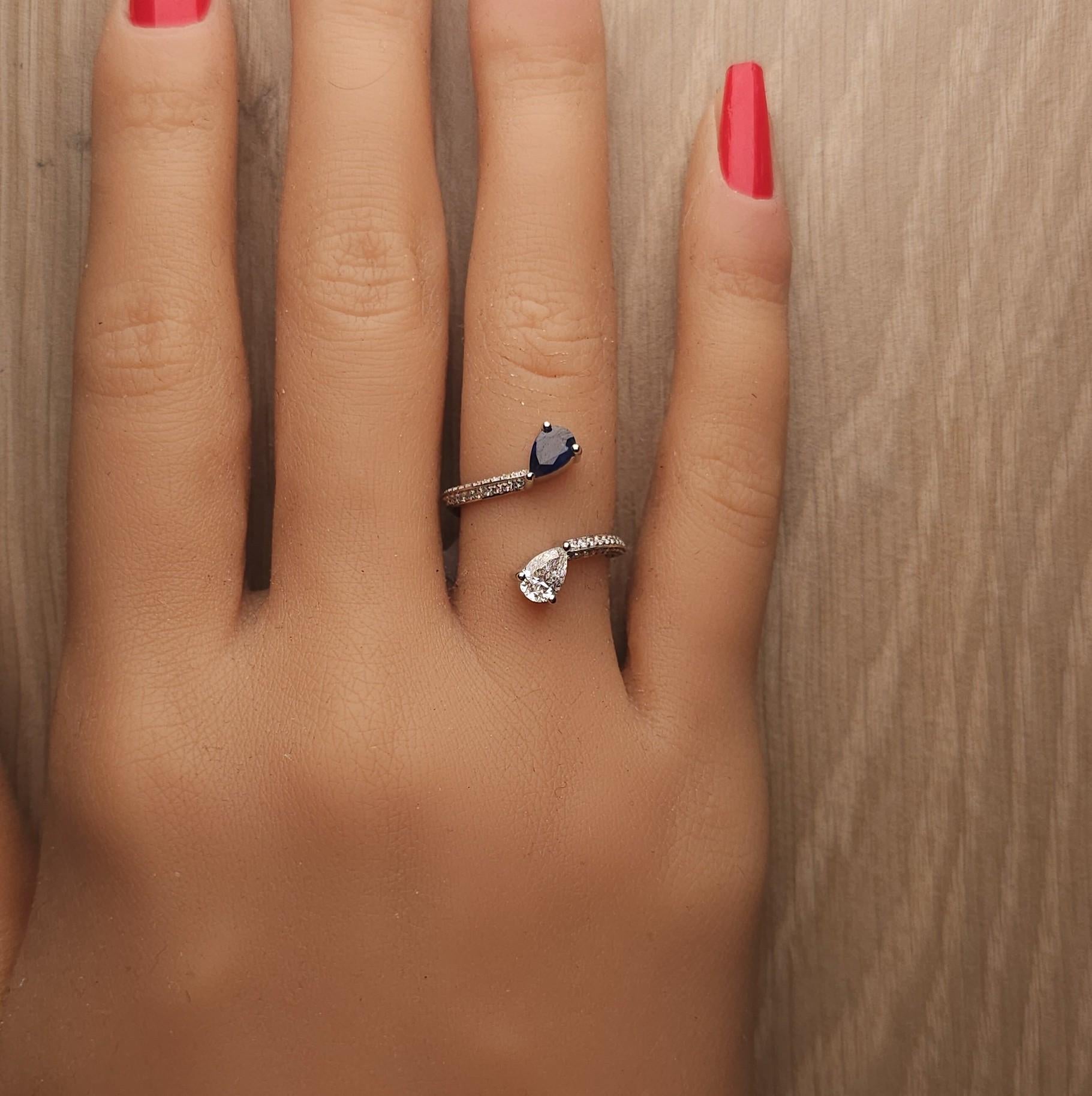 Natural Blue Pear Sapphire and White Diamond 1.19 Carat TW Gold Cocktail Ring
