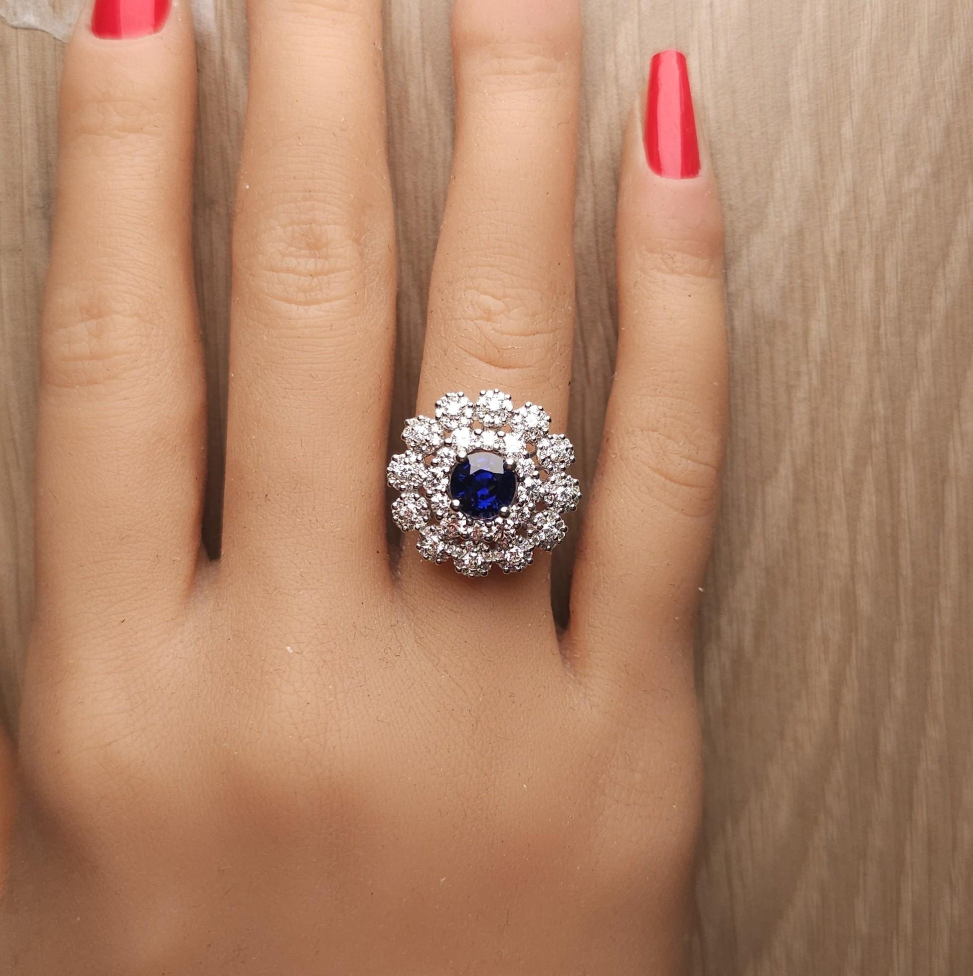 GIA Certified Blue Round Sapphire and White Diamond 3.12 Carat TW Gold Ring