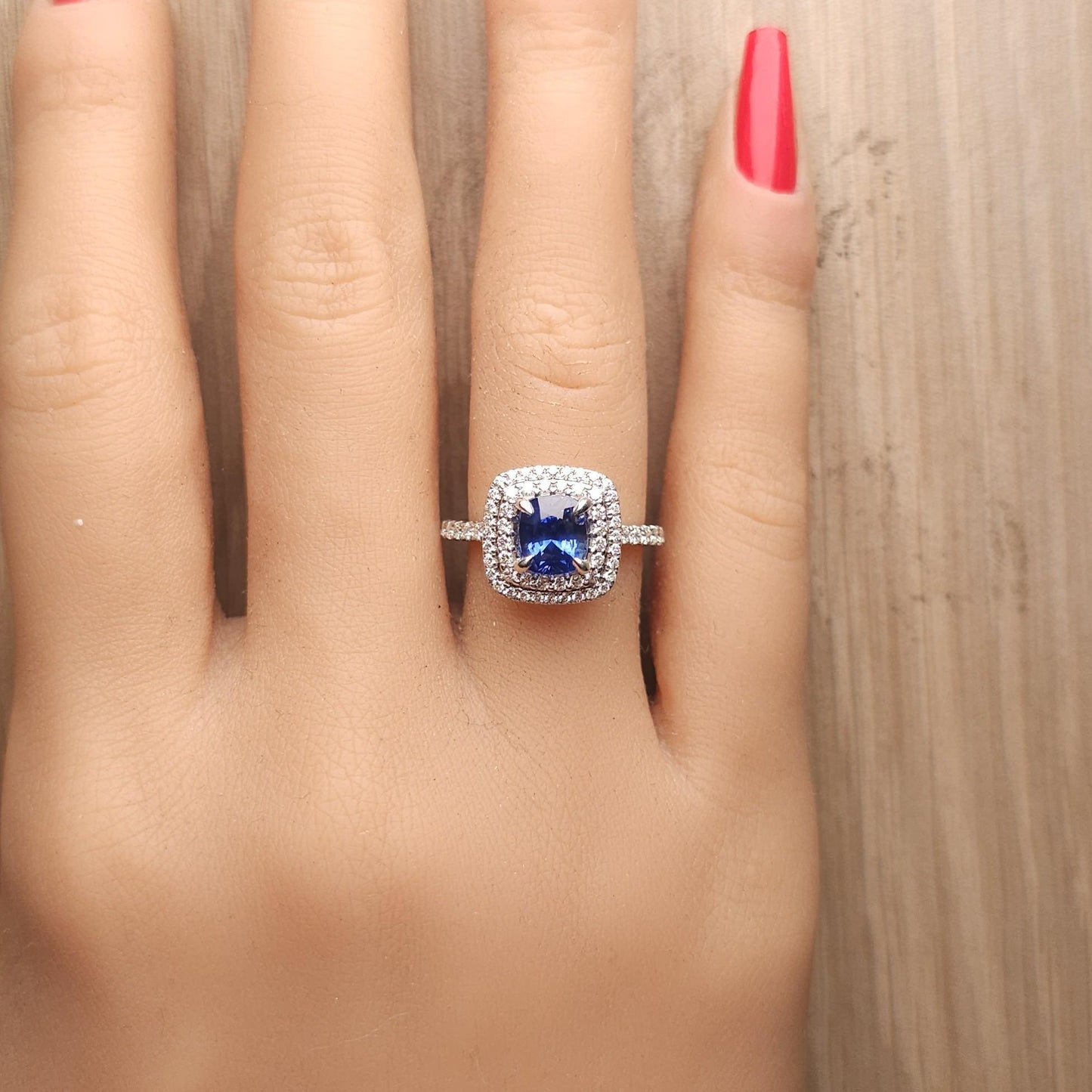 Natural Blue Cushion Sapphire and White Diamond 2.38 Carat TW White Gold Ring