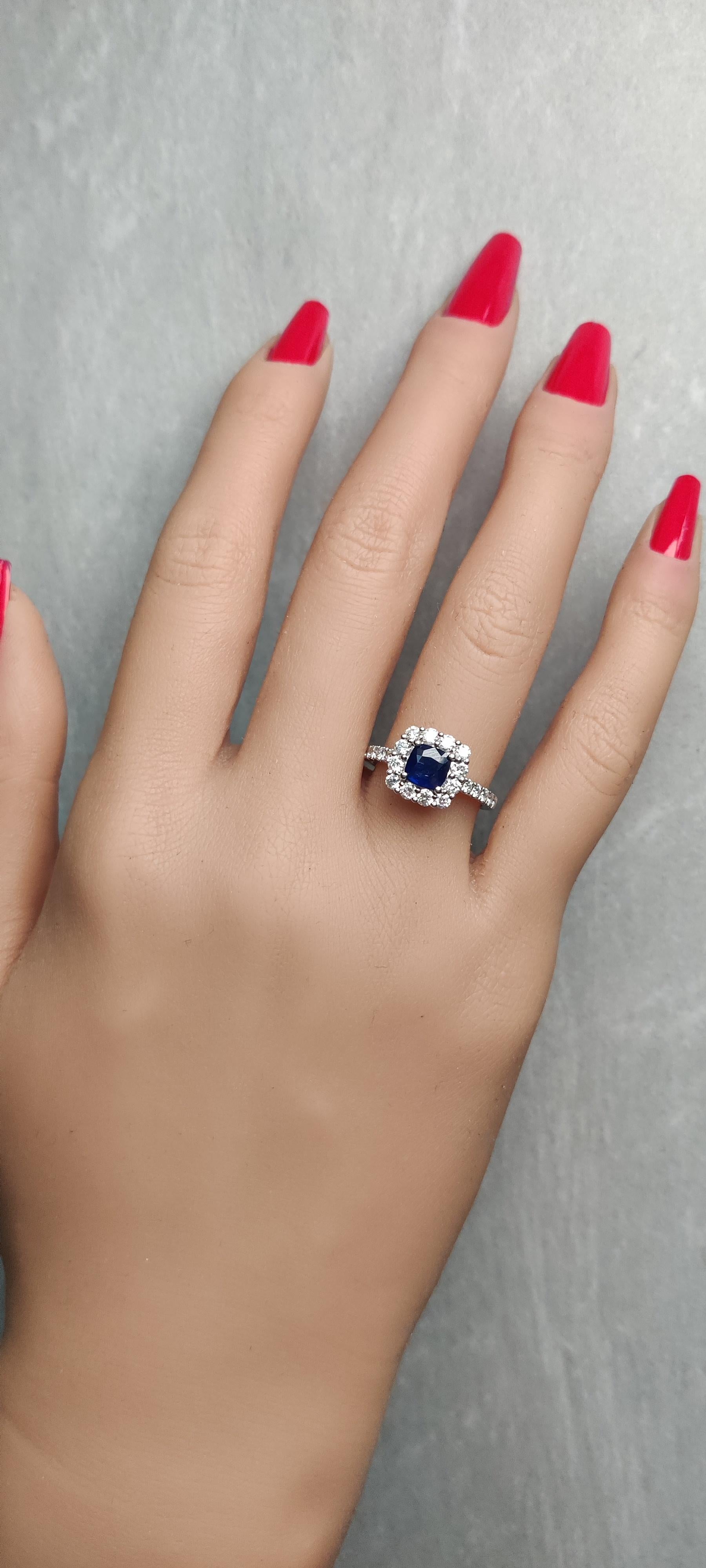 Natural Blue Cushion Sapphire and White Diamond 1.86 Carat TW Gold Cocktail Ring