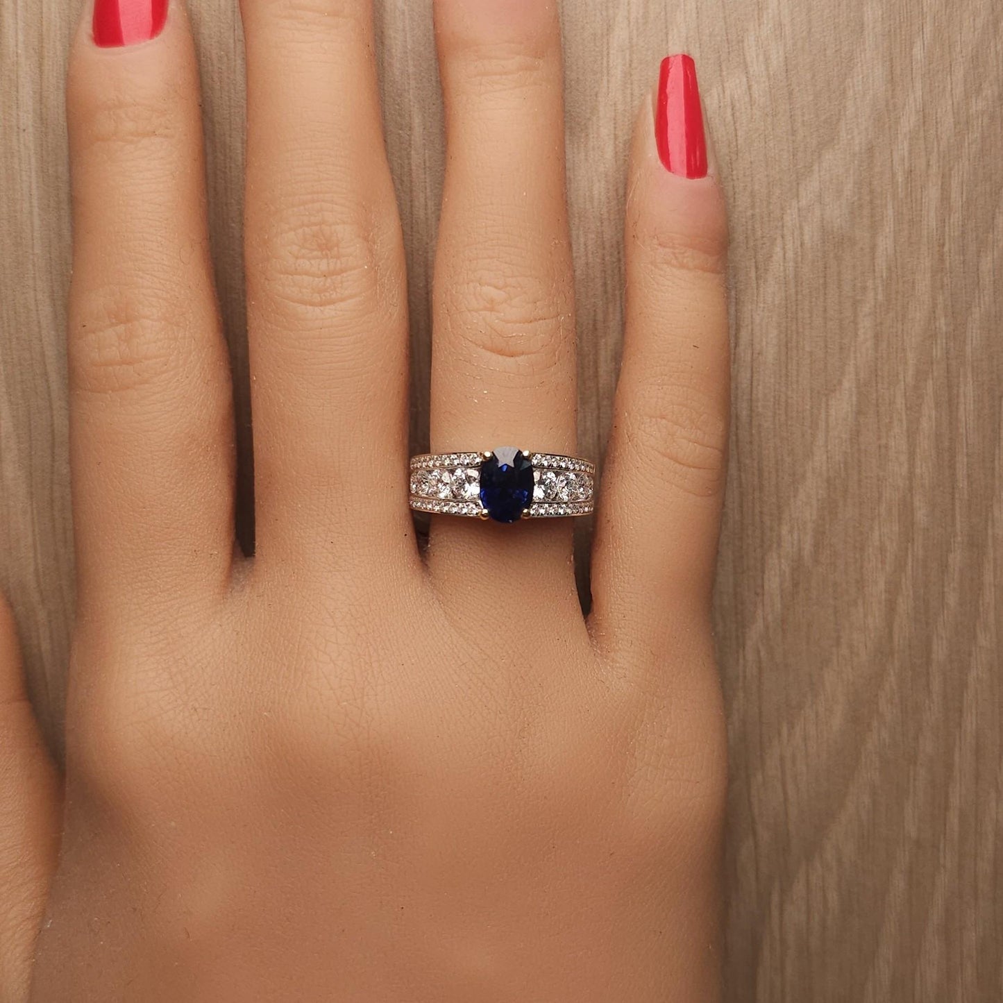 Natural Blue Oval Sapphire and White Diamond 3.22 Carat TW Gold Cocktail Ring