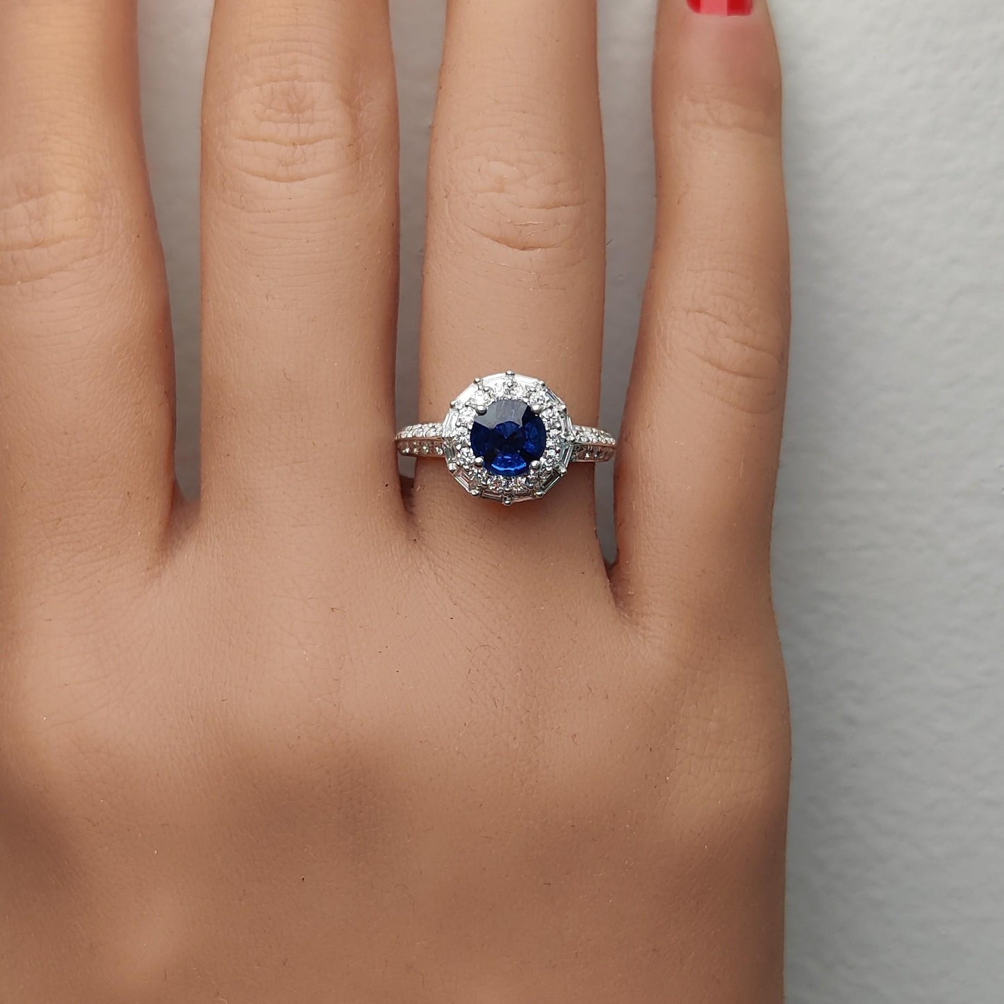 Natural Blue Round Sapphire and White Diamond 1.70 Carat TW White Gold Ring