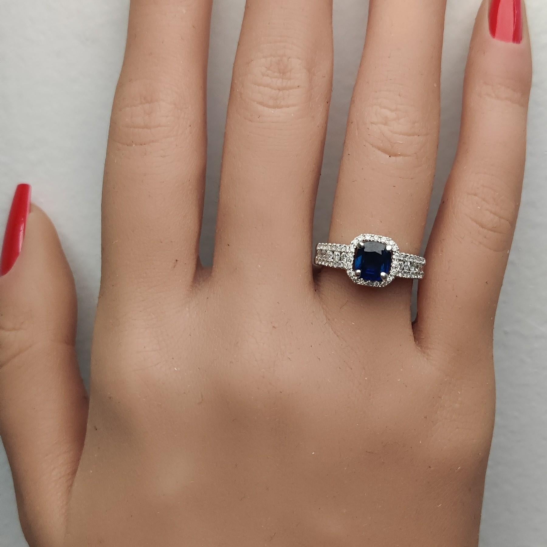 Natural Blue Cushion Sapphire and White Diamond 1.58 Carat TW Gold Cocktail Ring