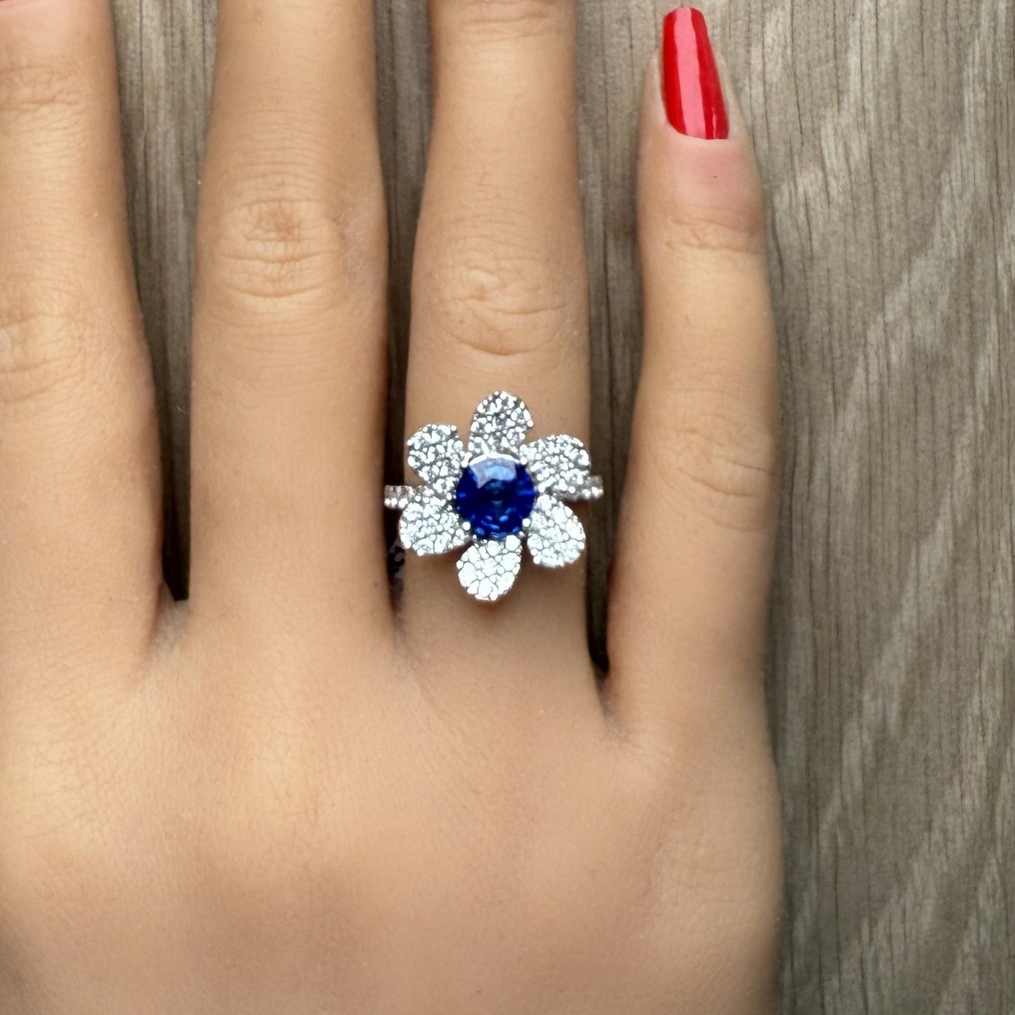 Natural Blue Round Sapphire and White Diamond 2.25 Carat TW Gold Cocktail Ring